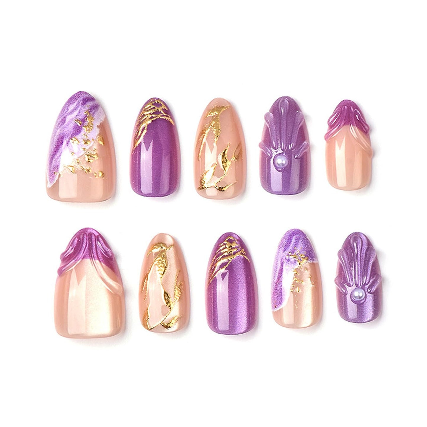 30Pcs Purple French Press on Nails Medium Almond Fake Nails with 3D Pearls Design Chrome Gold False Nails Glitter Full Cover Gold Leaf Gilded Reusable Purple Smudge Artificial Glue on Nails for Women