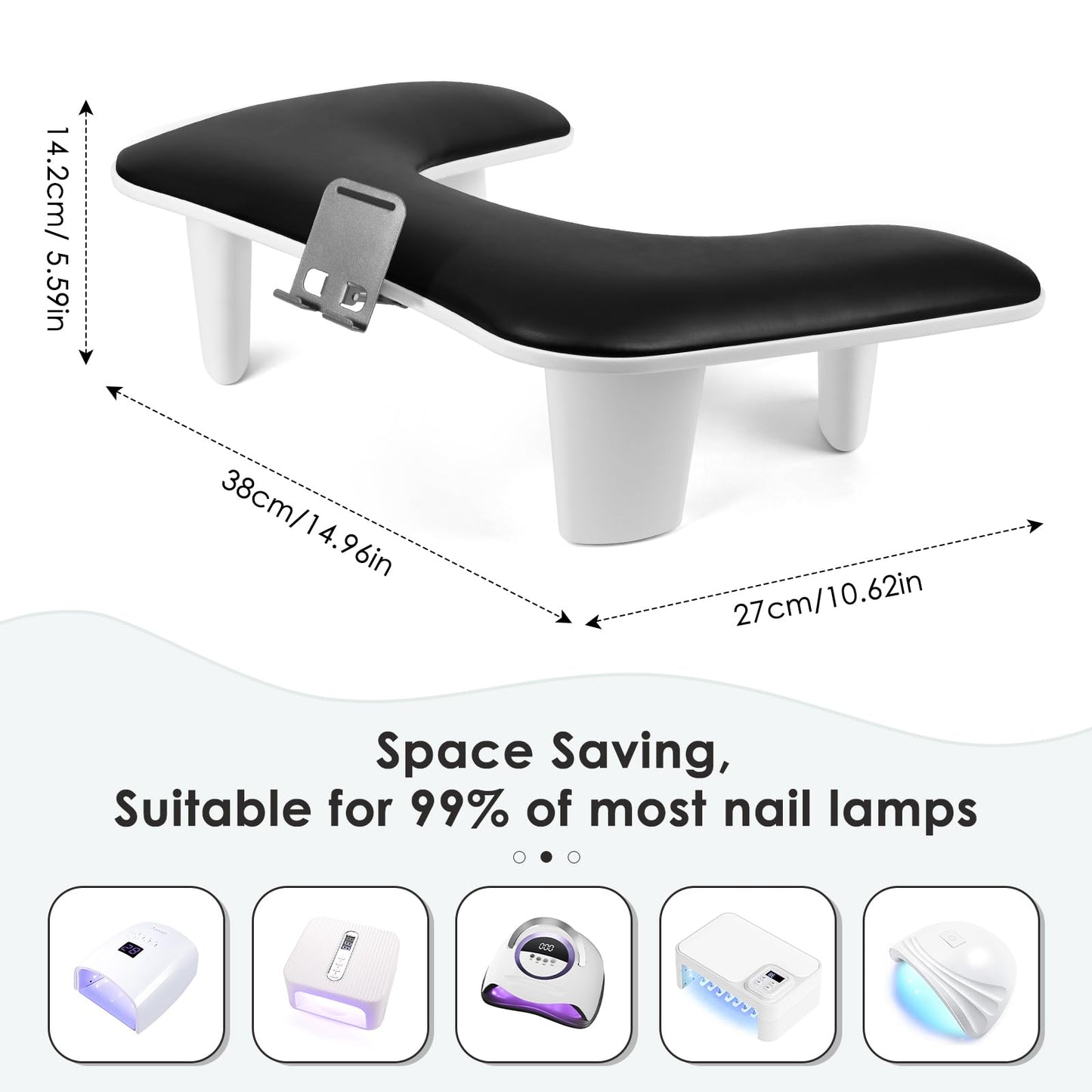 LIONVISON Arm Rest for Nails Tech: U Shaped Ergonomic Nail Hand Rest Stand PU Leather with Rotating Phone Holder for Nail Salon Manicurist (Black)