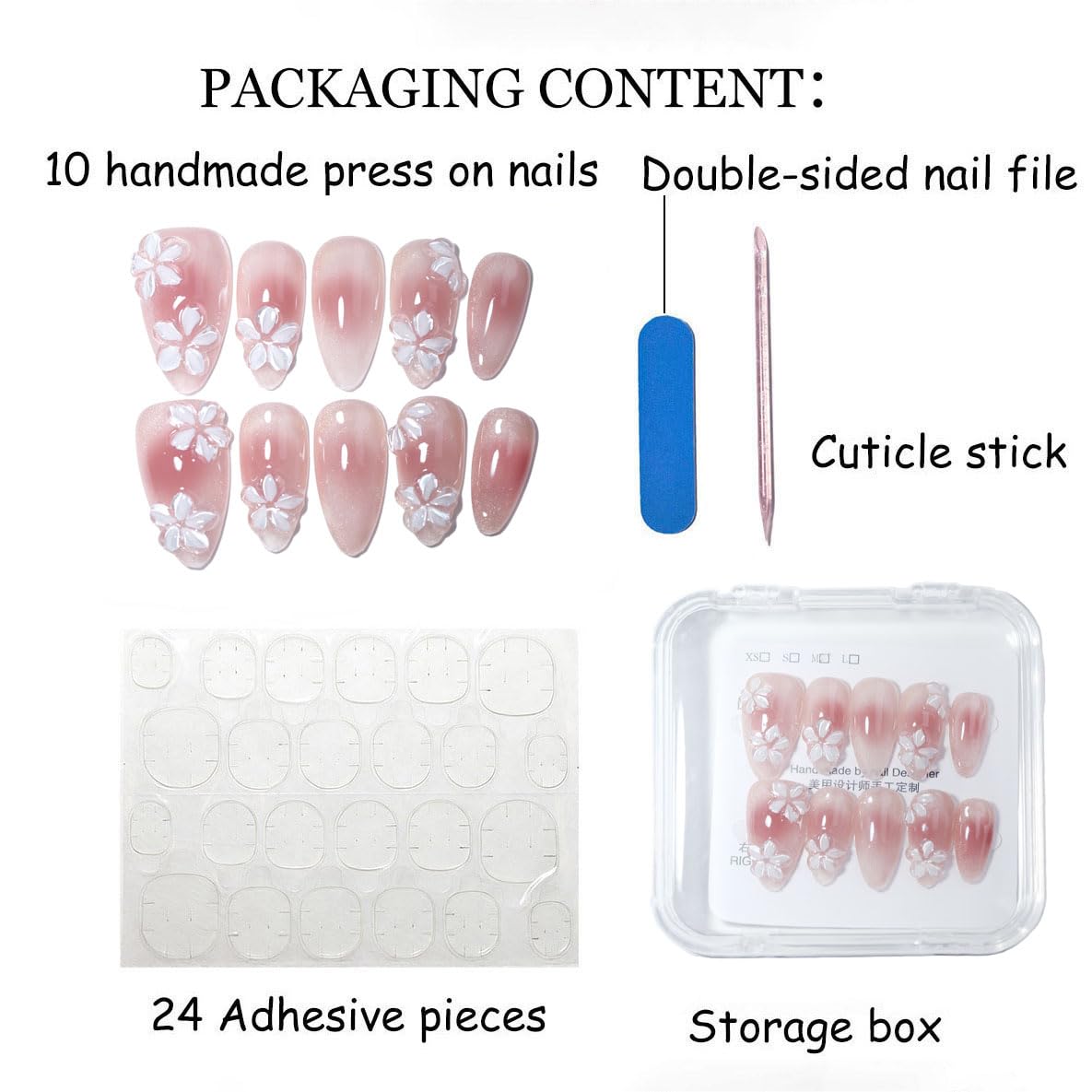 10Pcs Medium Almond Handmade Press On Nails | Easy Apply & Remove, Reusable Salon Quality Nails | Romantic Pink Gradient Fake Nails with 3D Floral & Glitter Accents(5U14, M)