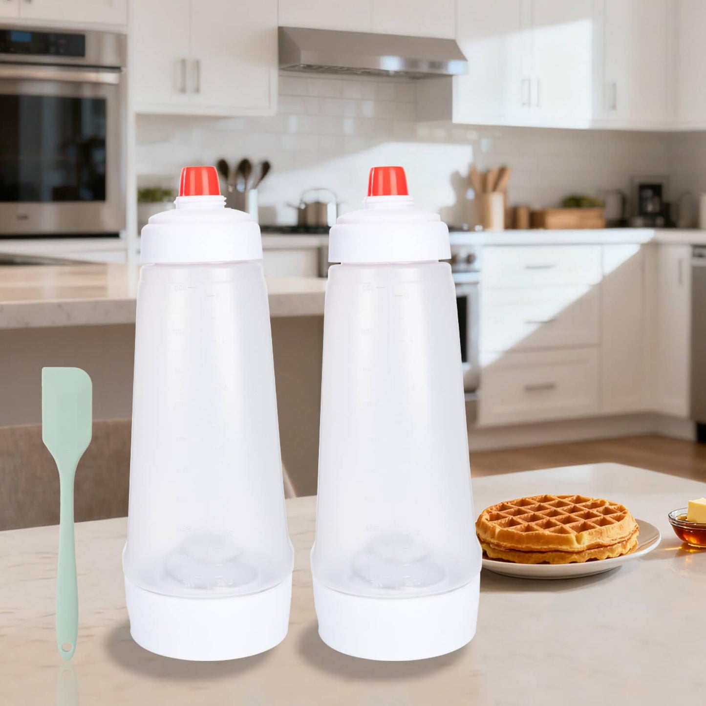 Pancake Batter Dispenser with Mixing Ball and Silicone Spatula Pancake Squeeze Bottle Mixer Batter Dispenser Bottle for Pajncakes, Crepes, Waffle, Muffins, Cupcakes, and more 2Pcs Hjpzrui