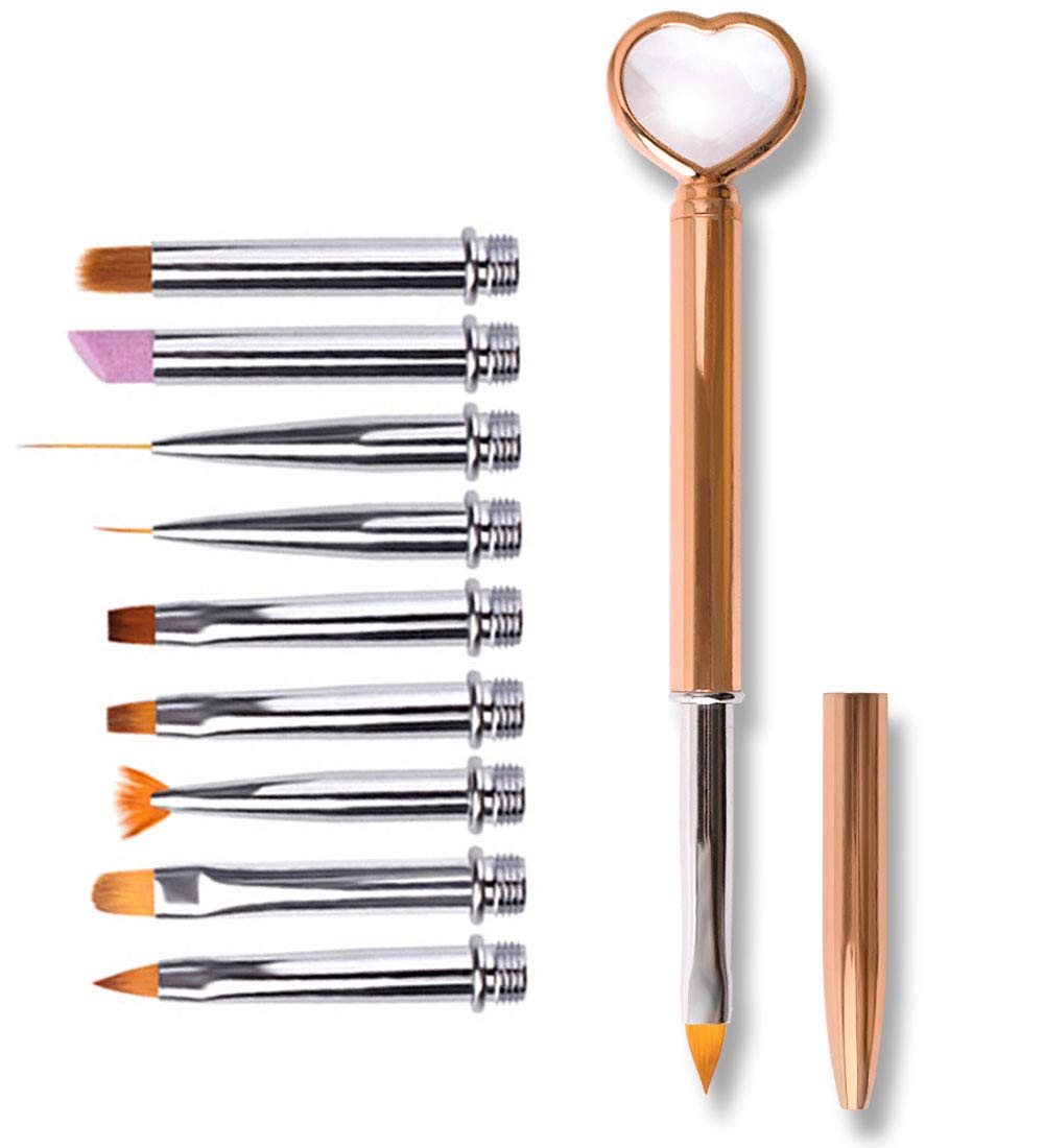 SILPECWEE Acrylic Nail Brush Set, 10-Piece Replacement Head- Liner, Oval, Flat, Angled, Fan, Ombre, Pumice Stone, Drawing Nail Design Tool Nail Art Brushes Nail Polish Brush Manicure Brushes