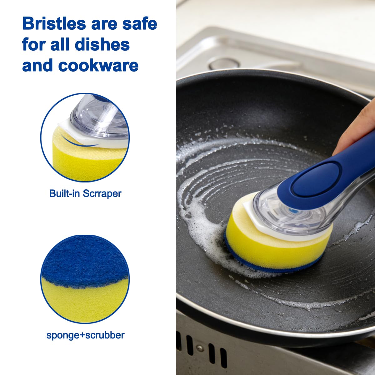 CELOX Dish Sponge with Handle, Dish Sponge with Soap Dispenser for Cleaning Kitchen