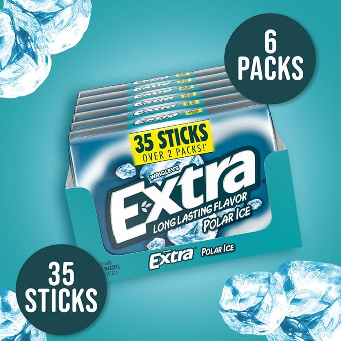 EXTRA Polar Ice Sugar Free Chewing Gum, Party Favors, Gum Packs Bulk, Breath Fresheners, 15 Ct (6 Pack)