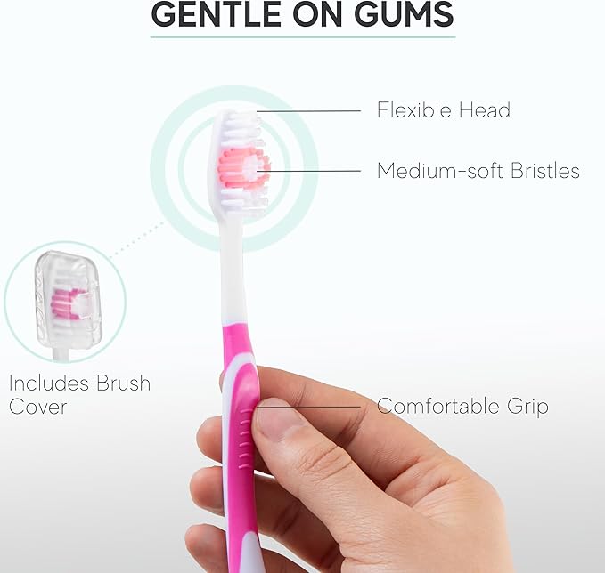 4 Pack Toothbrushes for Adults - Individually Wrapped Medium Bristle Toothbrushes with Covers - Pink - Convenient & Affordable Dental Care for Travel, Hotels, Airbnb, Missions & More