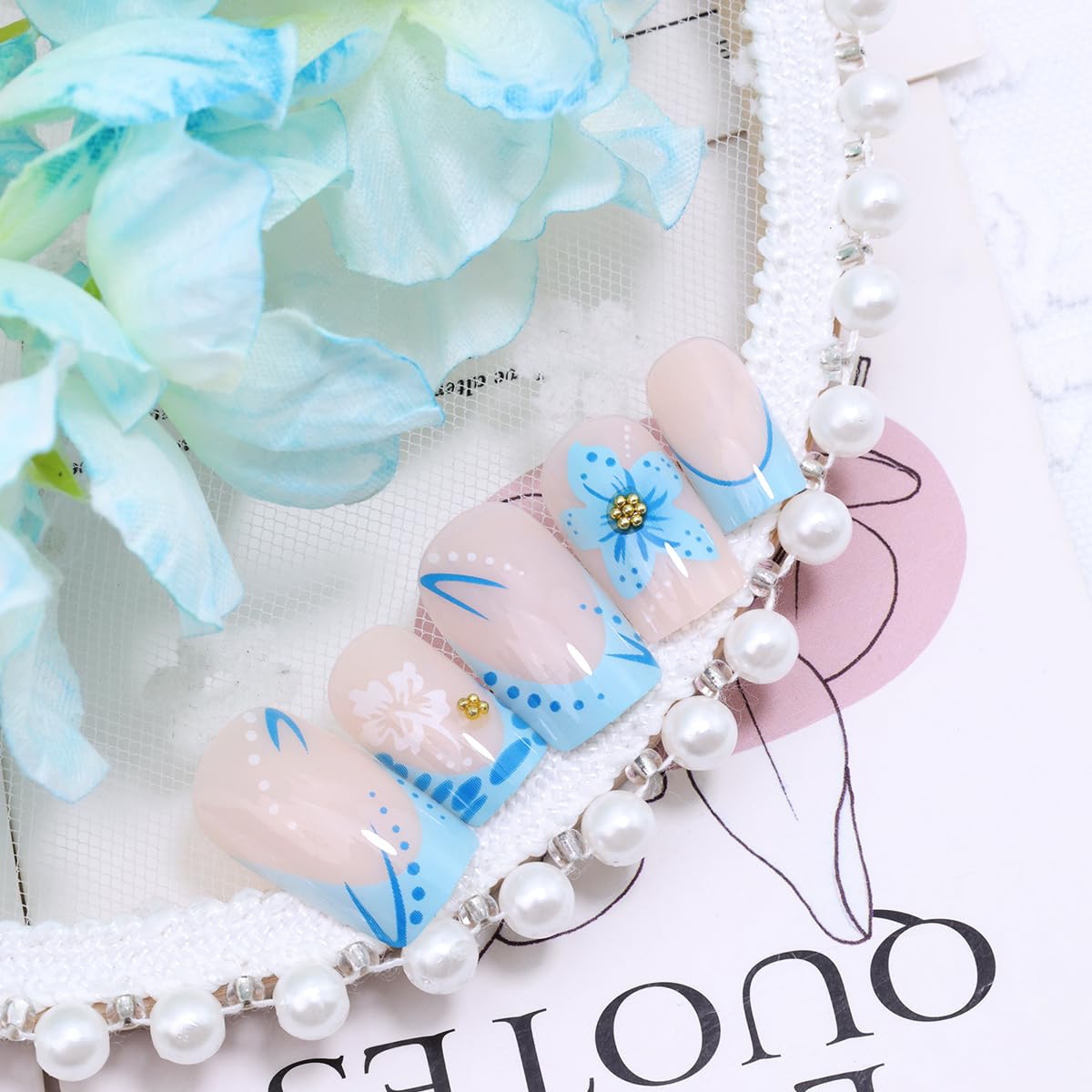 Blue Flower Press on Nails Short Square False Nails French Tip Fake Nails with Gold Beads Flower Design Spring Summer Glue on Nails Cute Acrylic Nails Glossy Artificial Stick on Nails for Women 24Pcs