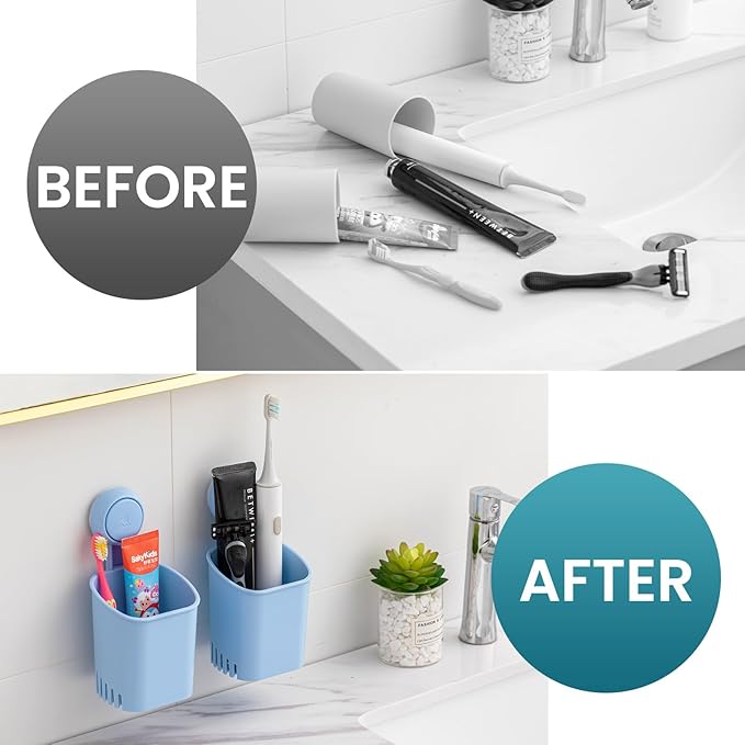 TAILI Suction Toothbrush Holder 2 Pack, Powerful Toothpaste Toothbrush Suction Cup, Self-draining Shower Razor Holder, Shower Toothbrush Holder for Wall, Kitchen Tableware Holder, Blue