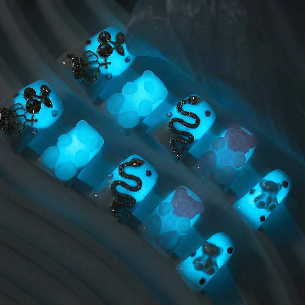 IntoVibes Handmade Short Duck Press On Nails, Glow-In-The-Dark Bear And Y2K, 10 Pieces Reusable Acrylic False Nails, Size Small