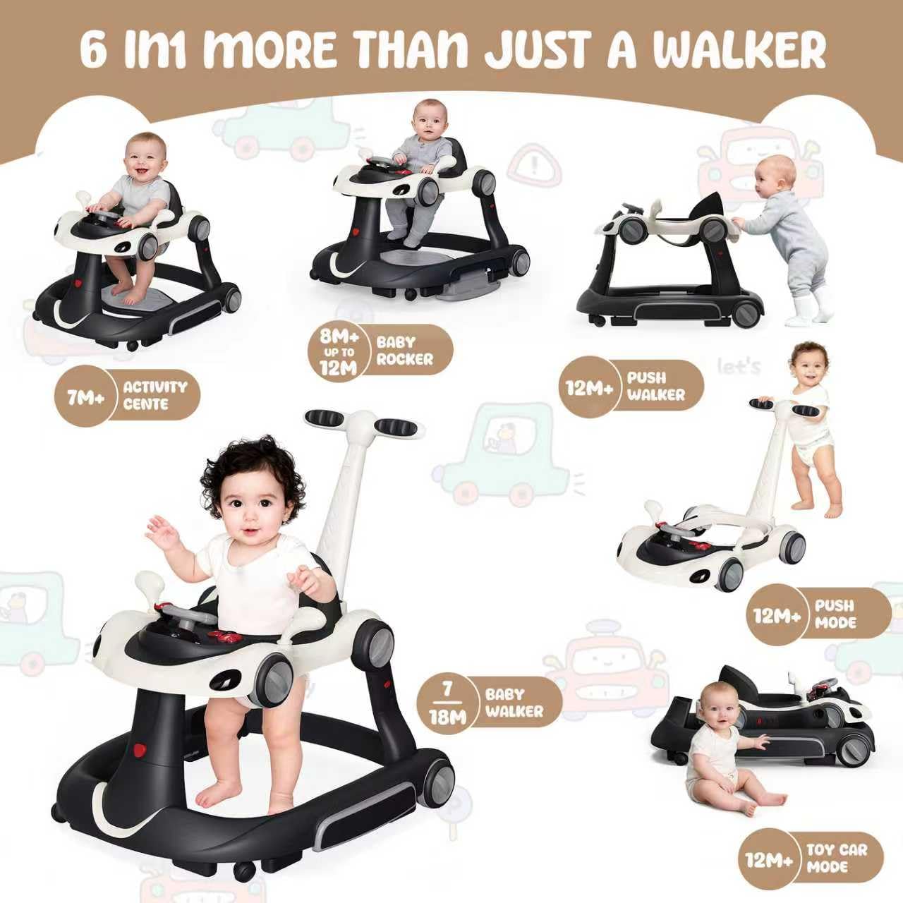 6 in 1 Foldable Baby Walker, Activity Baby Walker-Baby Bouncer, Rocker, Activity Center,Push Walker,Detachable Trampoline Mat, Adjustable Speed Rear Wheels and Height,Music & Lights,Ages 6-18 Months
