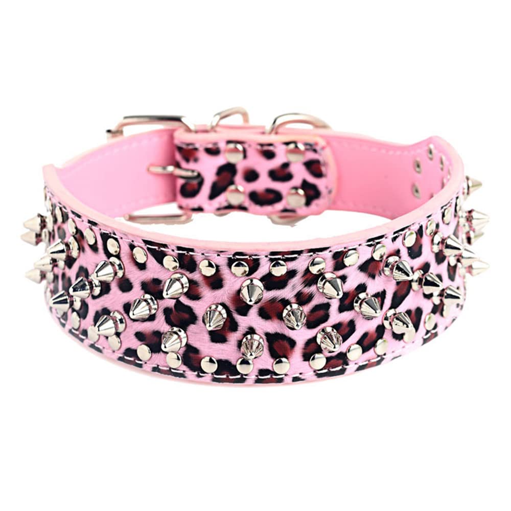 Serijoars Spiked Studded Dog Collar, PU Leather Dog Collar, Adjustable Pet Collars for Medium or Large Breed Pet (M, Pink)