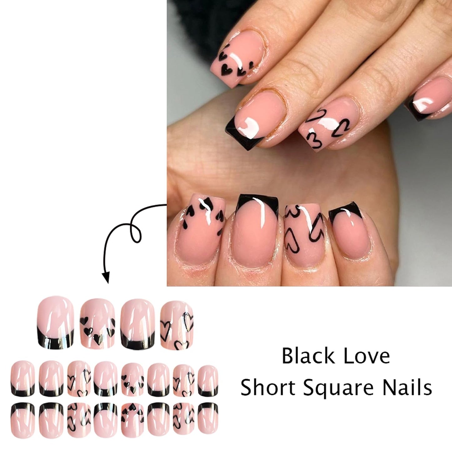 24Pcs Valentines Press on Nails Short Square Black French Tip Fake Nails Black Love Designs False Nails Nude Pink Glossy Full Cover Cute Heart Artificial Glue on Nails for Women Holiday Manicure Decor