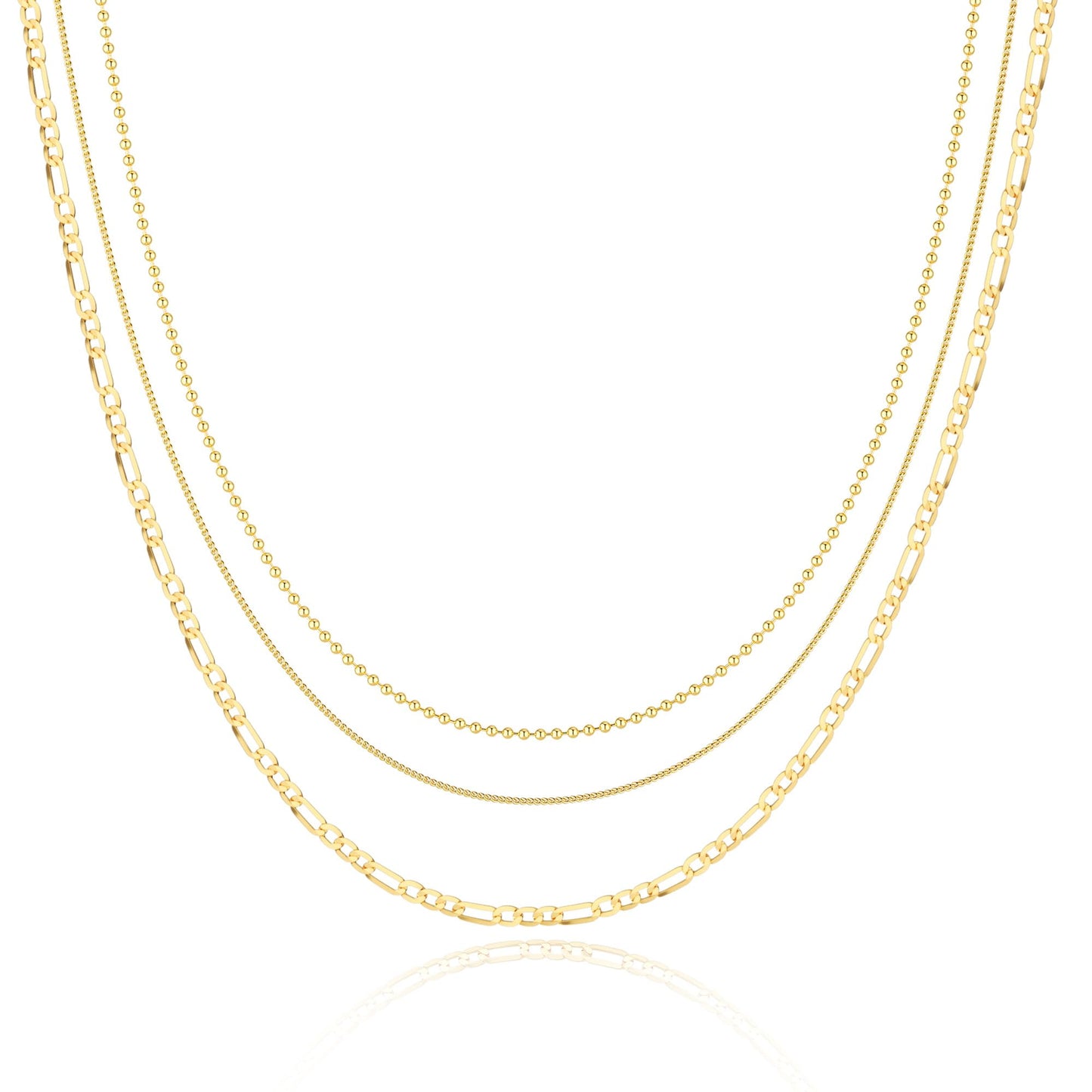 Freekiss Layered Gold Necklace for Women - 14K Gold Filled Herringbone, Stackable Cuban Figaro Beaded Link Chain, Dainty Gold Choker
