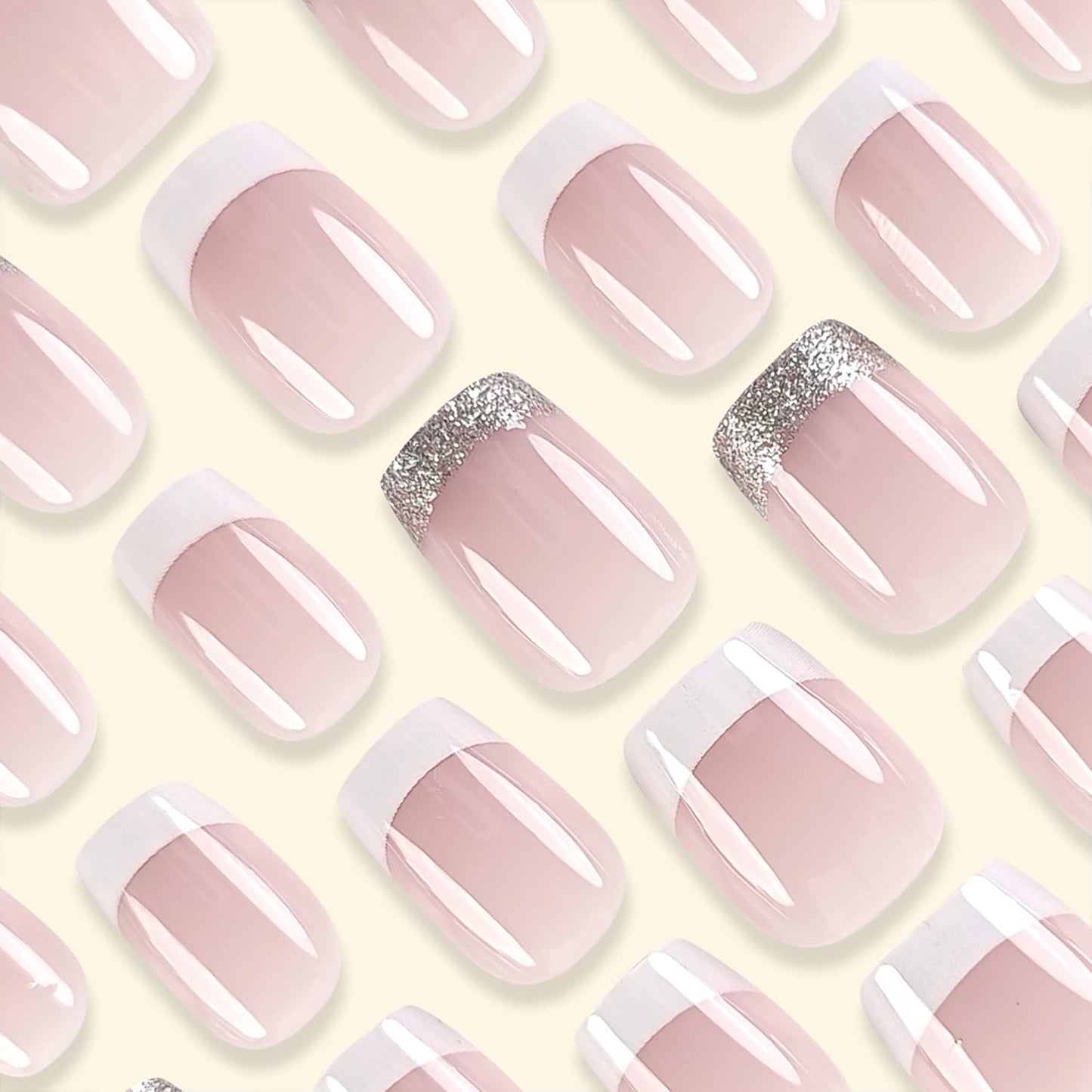 French Tip Glitter Short Square Fake Nails - Pink & White Glossy Design, Sparkly False Nails Glue On with Full Cover Acrylic Stick On Nails - 24 Pcs