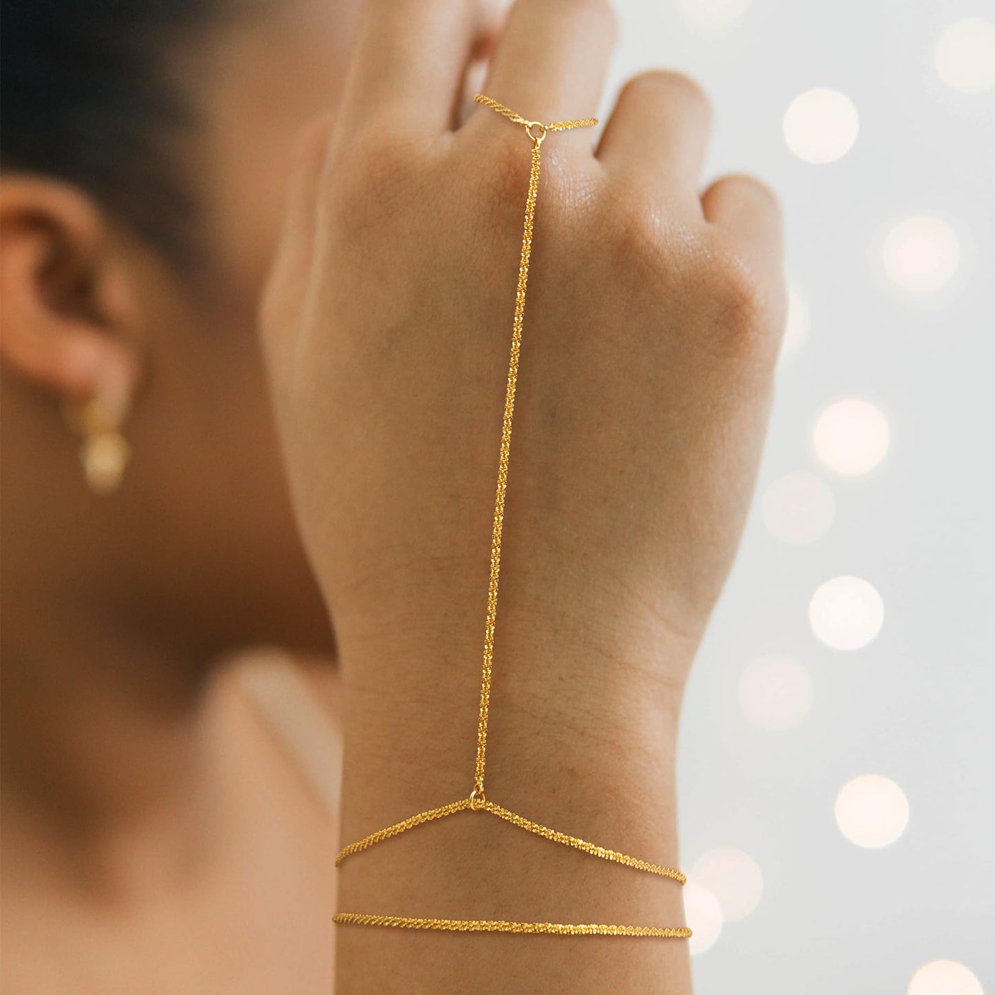 14K Gold Plated Hand Chain Ring Bracelet Stack Non Tarnish Dainty Finger Ring Bracelet Accessories for Women Trendy Jewelry 2025