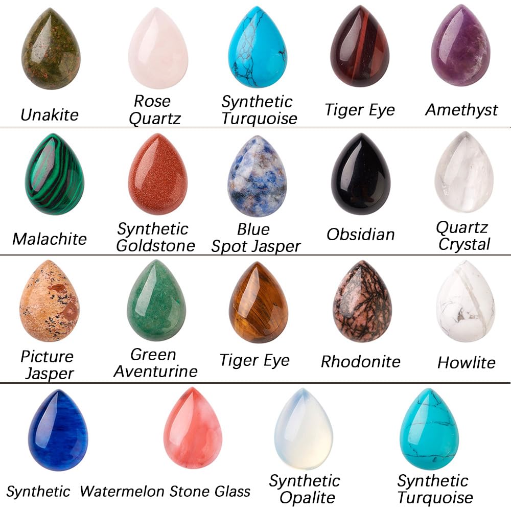 Fashewelry 38pcs Teardrop Healing Crystal Gemstone Cabochons 25x18mm Assorted Flatback Natural & Synthetic Energy Stone Cab Covers No Hole for Jewelry Craft Bracelet Necklace Making