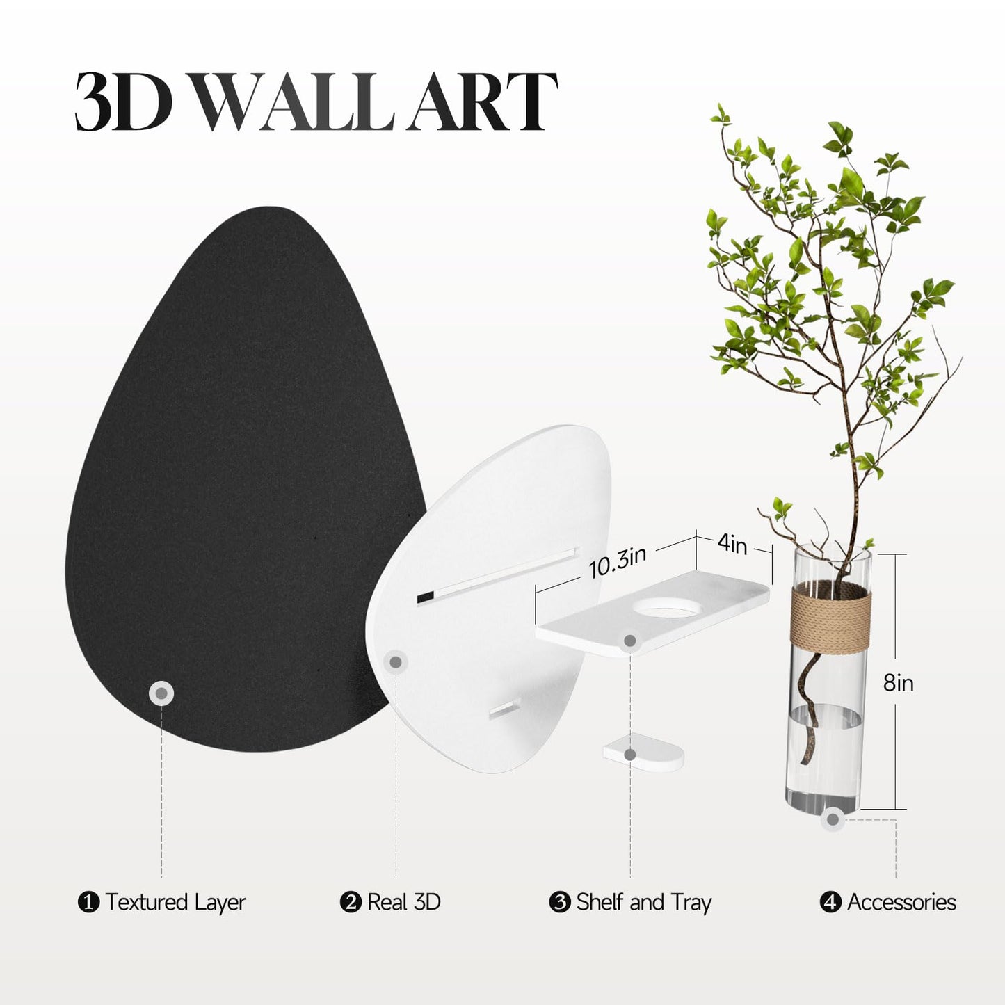 Cuspin 3D Textured Black and White Wall Art with Vase and Shelf, Minimalist Abstract Japandi Paintings Wall Decor, Modern Artwork for Living Room Dining Bedroom Hallway Office Bathroom Home Decor