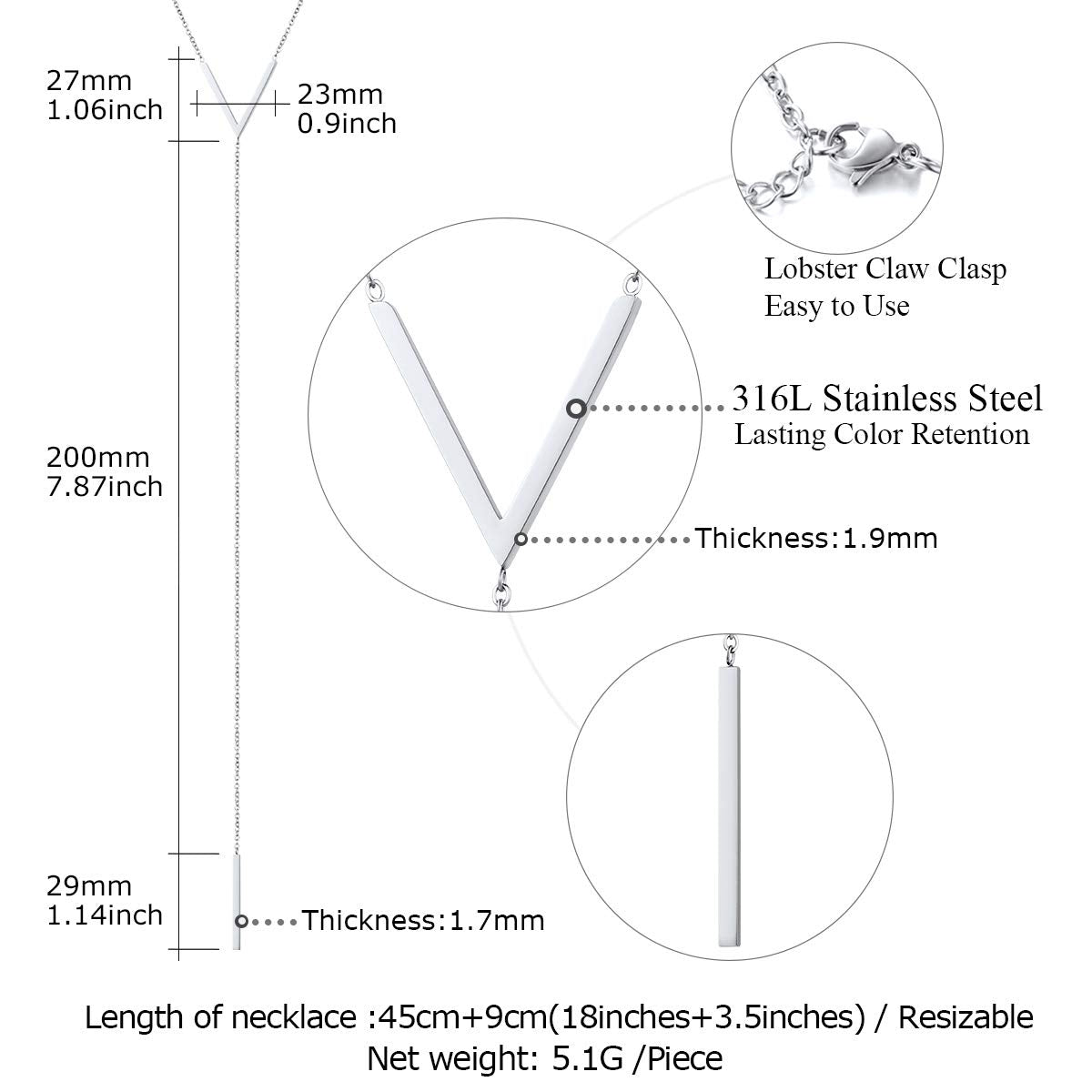 FOCALOOK Silver Bar Pendant Long Y Dangle Necklace Hypoallergenic Stainless Steel Statement Minimalist Drop Bar Long Chain Necklaces for Women