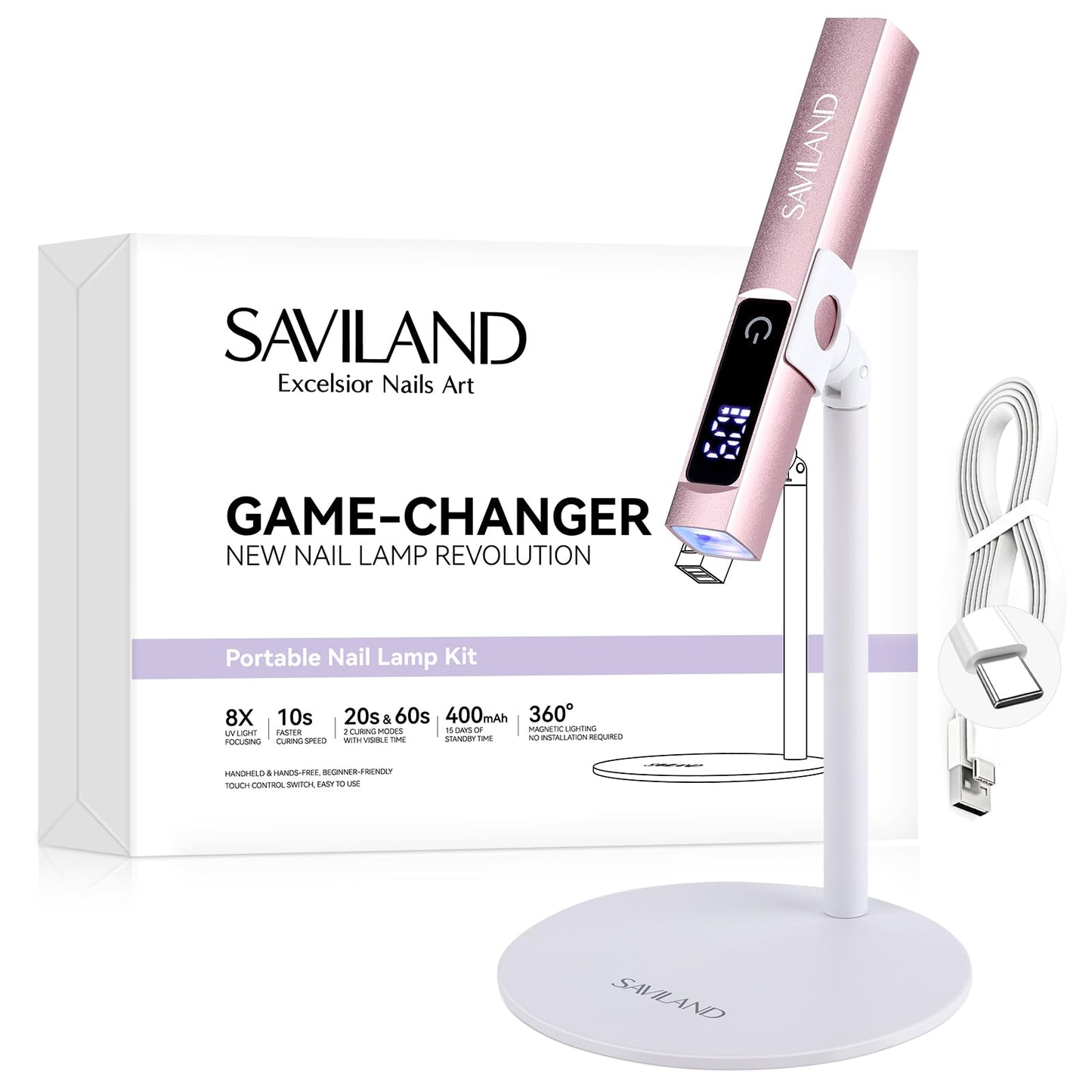 SAVILAND UV Light for Gel Nails: 10s Flash Cure Light for Nails with Magnetic Stand LED Screen 400mAh Rechargeable LED Nail Flash Cure Lamp Portable Gel Light 2-Timers DIY Home