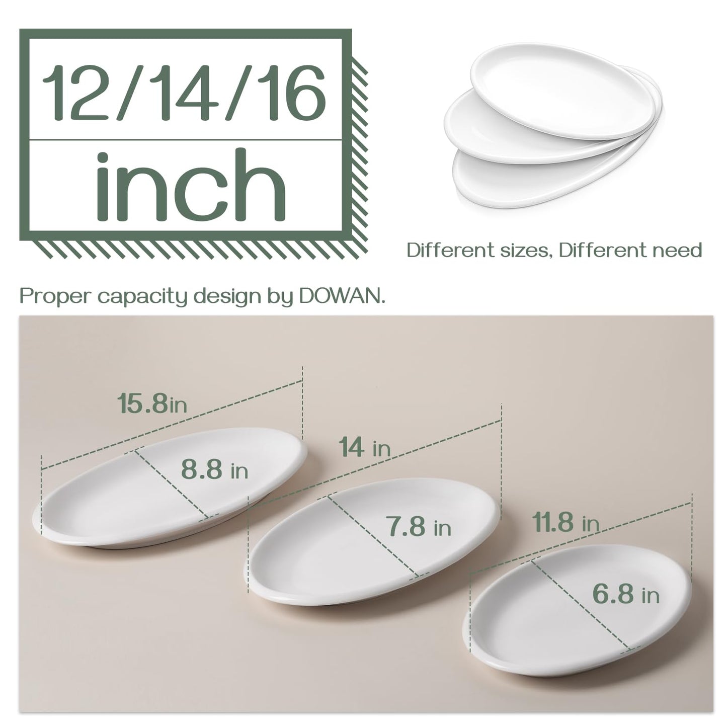 DOWAN Large Serving Platter, 16"/14"/12" Oval Platters Oven Safe, White Serving Plates for Wedding Decor, Ceramic Serving Dish for Entertaining Food, Set of 3