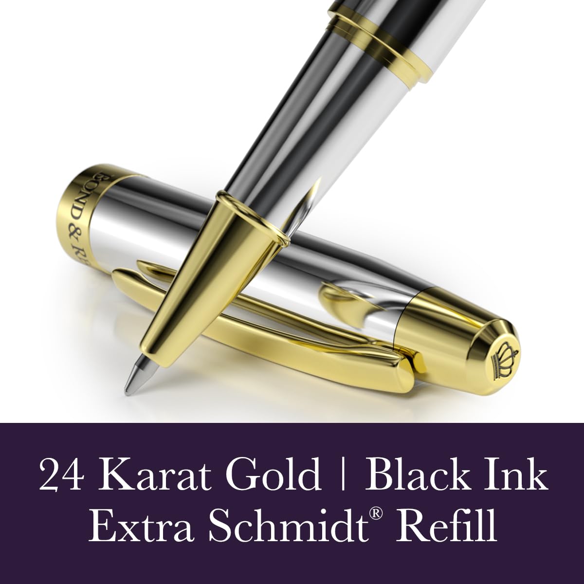 Bond & Regent 24 Karat Gold Luxury Rollerball Pen - Fancy Executive Professional Writing Gift Set for Men & Women, Nice Pens, Silver Chrome