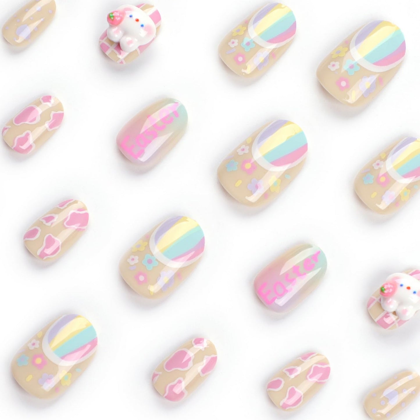 24 Pcs Cute Oval Press on Nails Easter Fake Nails Flower False Nails Easter Bunny Design Stick on Nails Full Cover Glossy Fake Nails Artificial Acrylic False Nails for Women Girls Nail Decoration