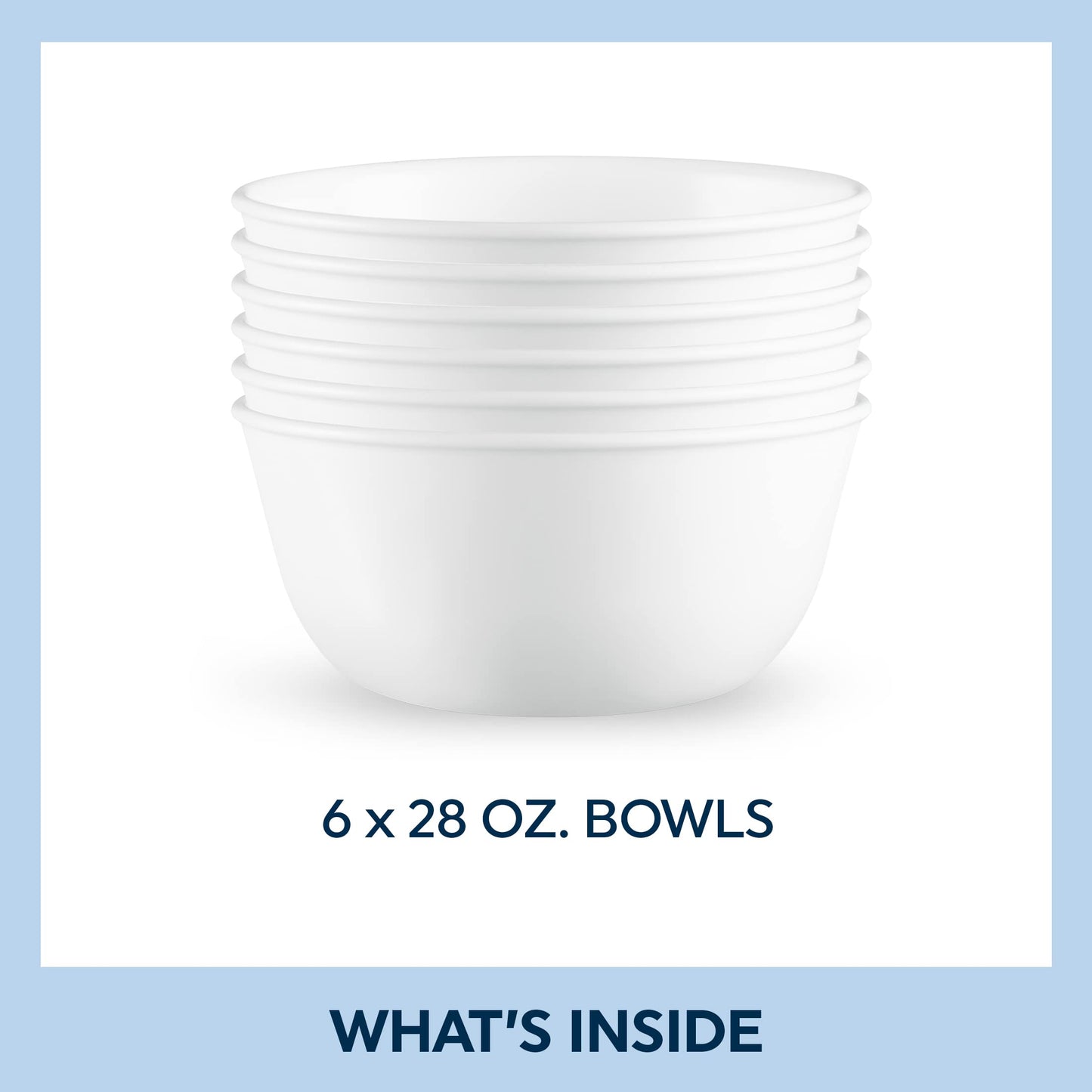 Corelle Vitrelle 28-oz Soup/Cereal Bowls Set of 6 Chip & Crack Resistant Dinnerware Bowls for Soup, Ramen, Cereal and More, Triple Layer Glass, Winter Frost White