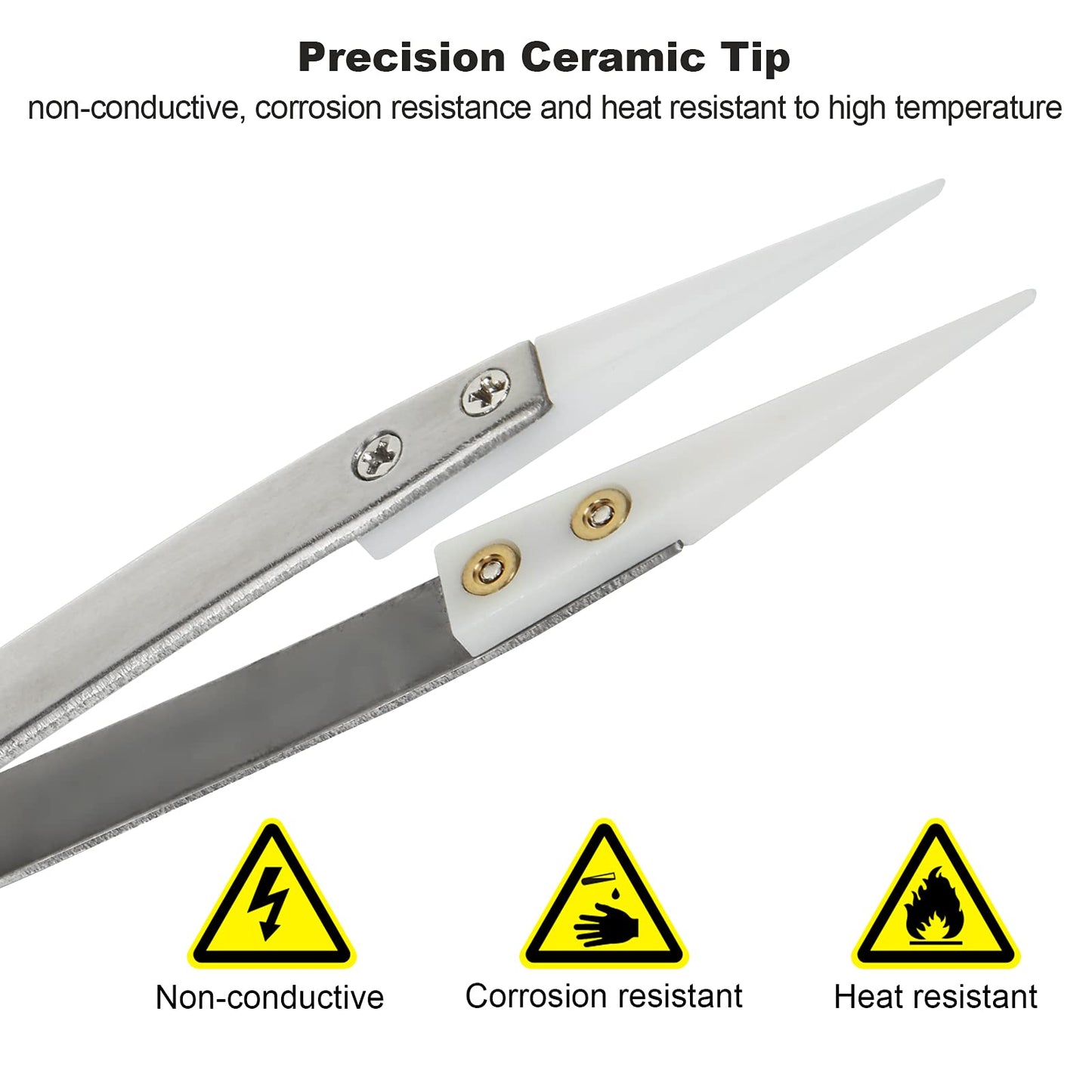6 Pcs Precision Ceramic Reverse Solder Tweezers, Non-Conductive, Anti-Magnetic Pointed & Curved Tips Tweezers Set, Cross Lock Fiber Grip Soldering Tool, Heat-resistant Electronics Tweezers