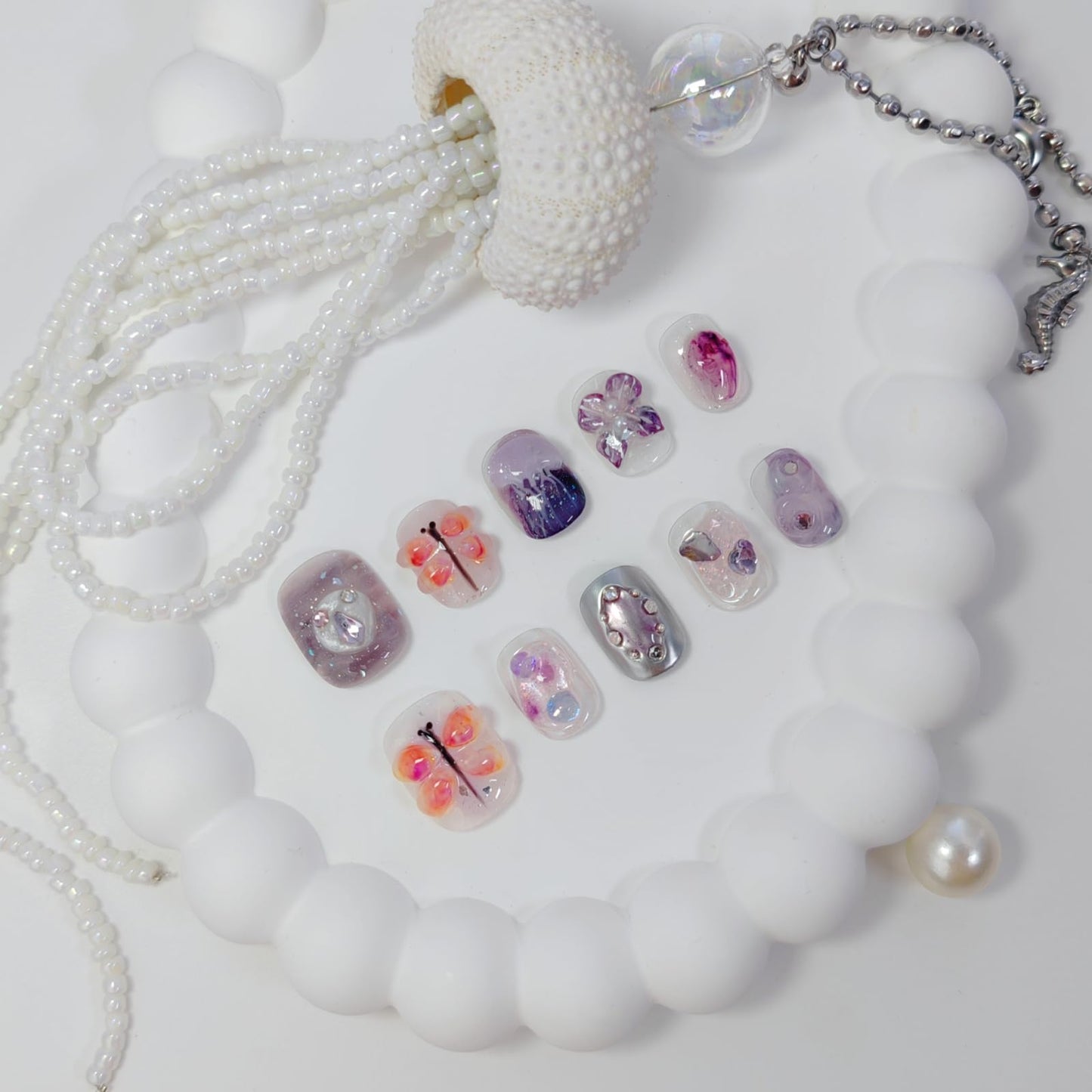 Extra Short Press on Nails Squoval False Nails Handmade with 3D Designs/Charms, Cute Reusable Fake Stick on Tips (Dragonfly#Small)