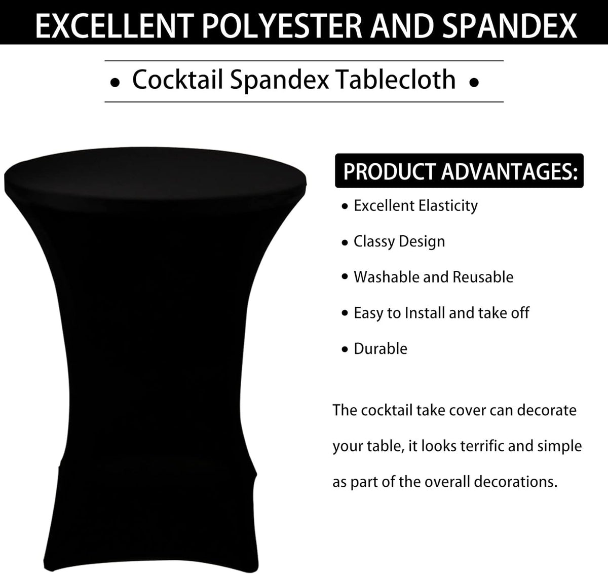 4 Pack Cocktail Spandex Tablecloth 32"x43" Cocktail Table Cover Fitted for High Top Round Table for Bar Wedding Birthday Party Banquet (Black)