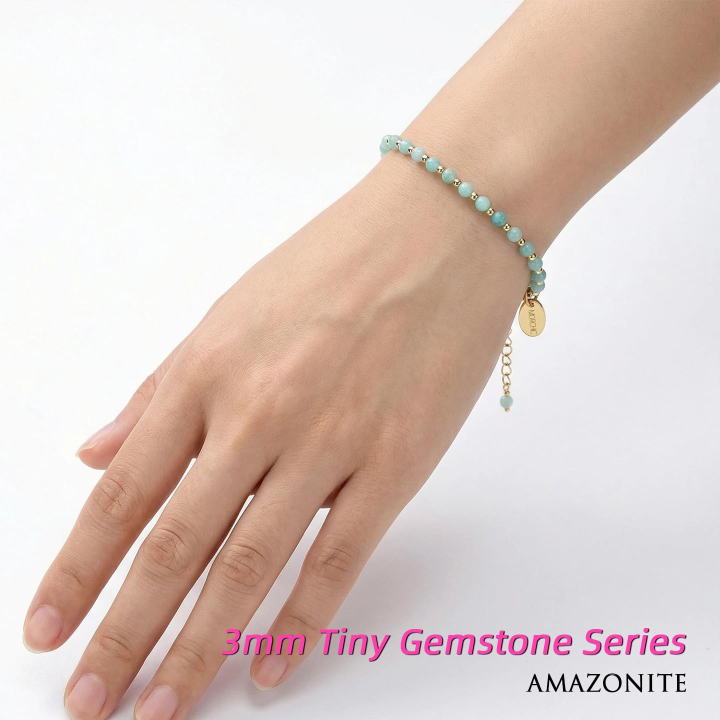 Morchic 3mm Green Amazonite Natural Gemstone Beaded Bracelet for Women, Dainty Tiny Charm Jewelry, Adjustable 7.1-8.6", Ideal Birthday Holiday Gift