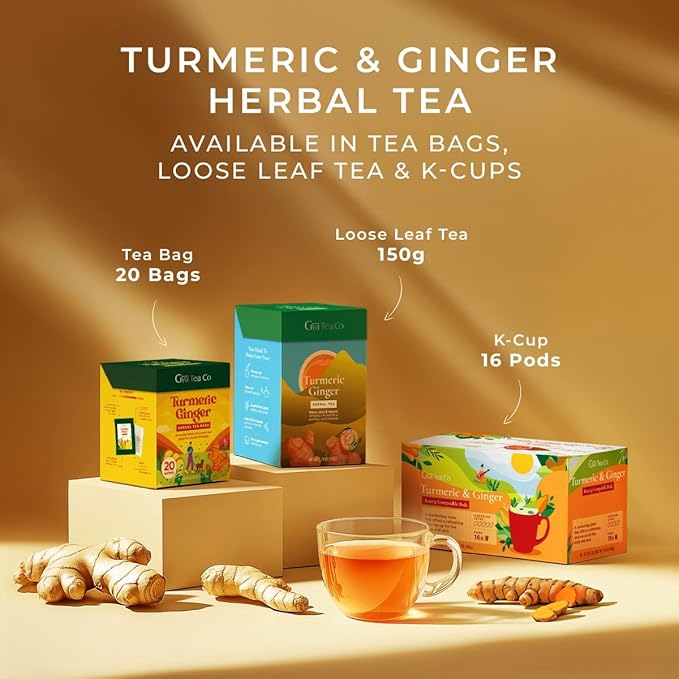 Gya Tea Co Turmeric Ginger Herbal Tea Bags (20 Bags) - Caffeine Free with a Tangy Flavor for All Day Comfort, Calming, Relaxing & Nourishing - Fruit & Herbal Blends