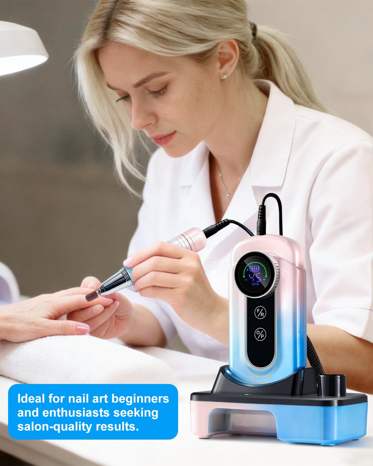 Moskany Professional Electric Nail Drill Kit 45000RPM Gradient Blue Cordless Rechargeable Nail File Machine with Nail Lamp Portable Efile Nails Drill for Acrylic Gel Nails
