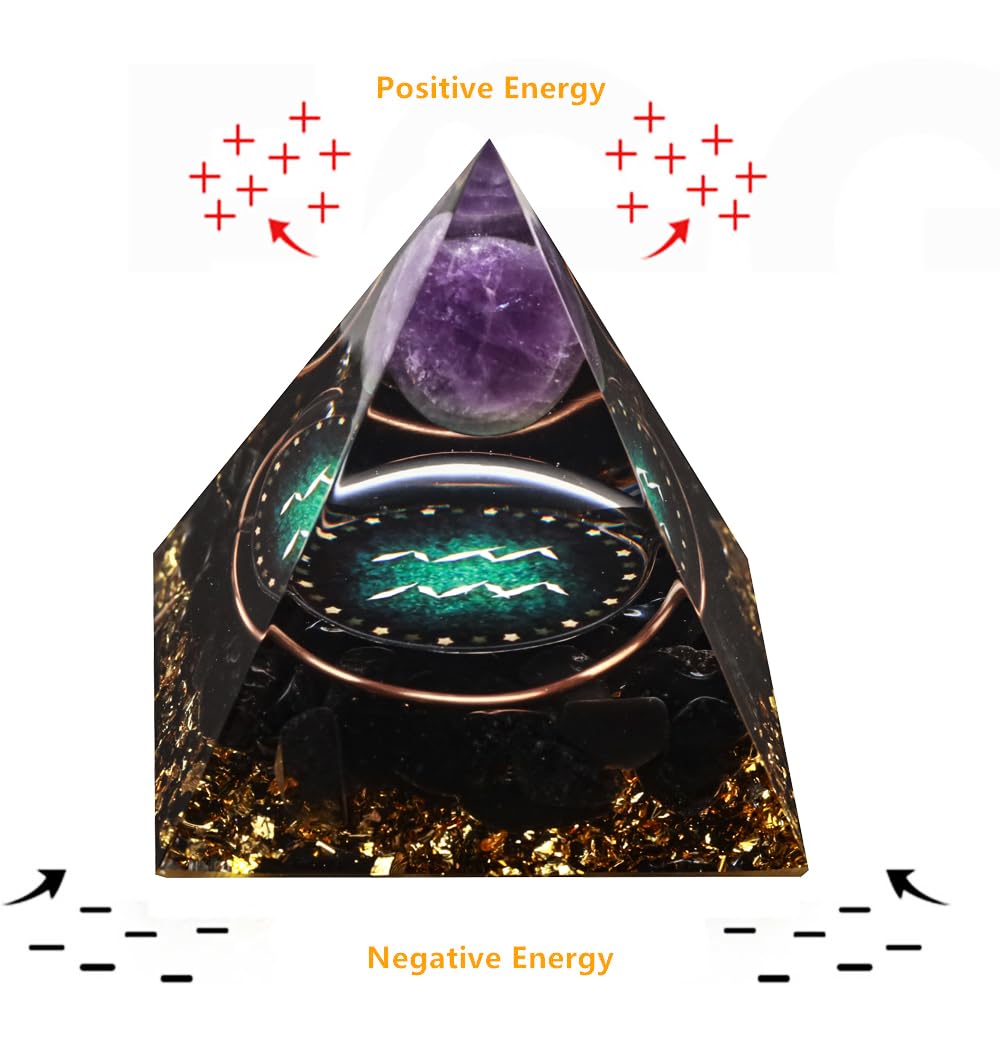 12 Zodiac Orgone Crystal Pyramid, Natural Amethyst with Obsidian,Healing Crystals Pyramid for Protection Chakra, Unique Constellation Pyramid for Positive Energy, Healing Money Health(Aquarius)