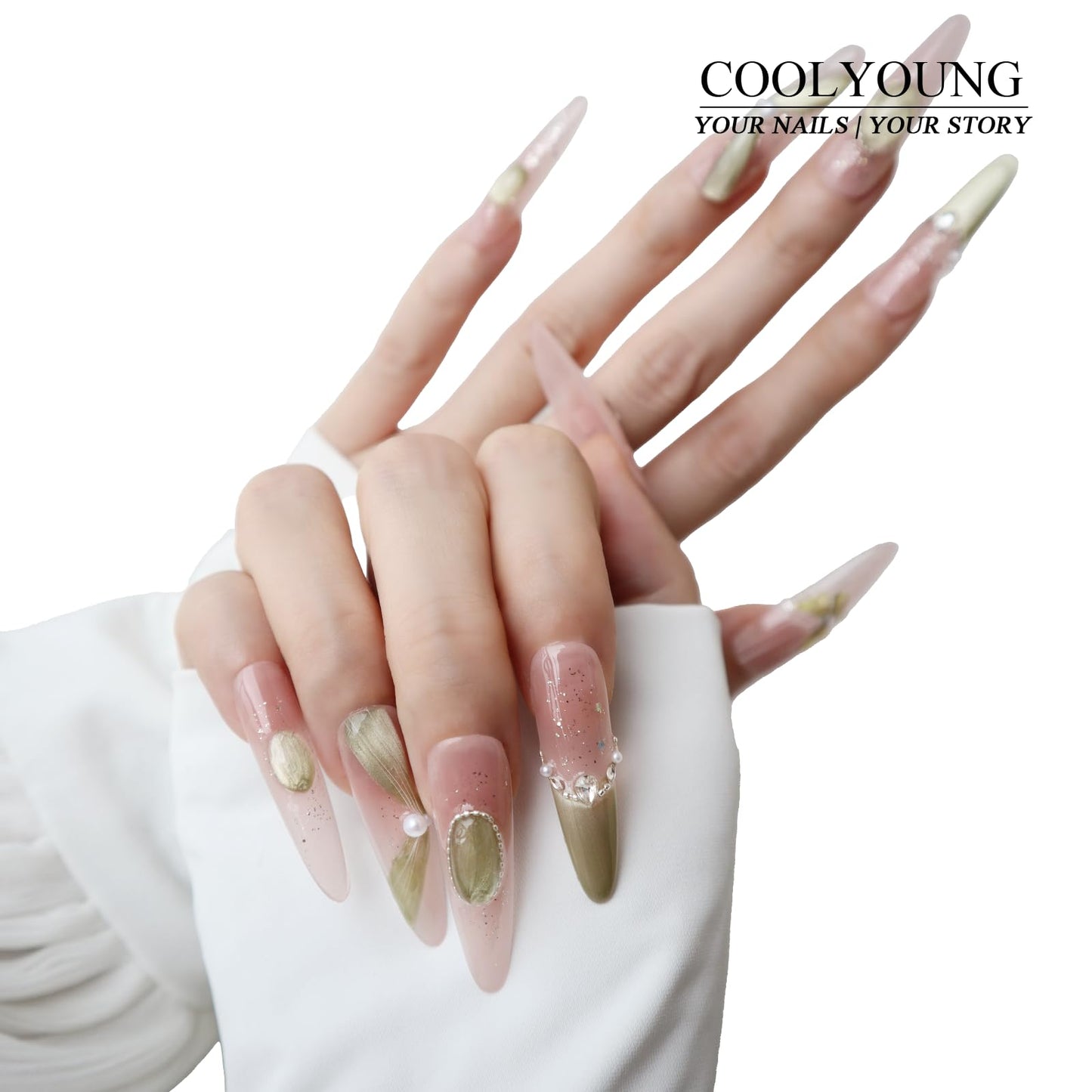 Handmade Press On Nails Long Green Press On Nails Acrylic Nude Nails Women Gifts French Press On Nails COOLYOUNG Handmade Nails, 15 PCS, Size M