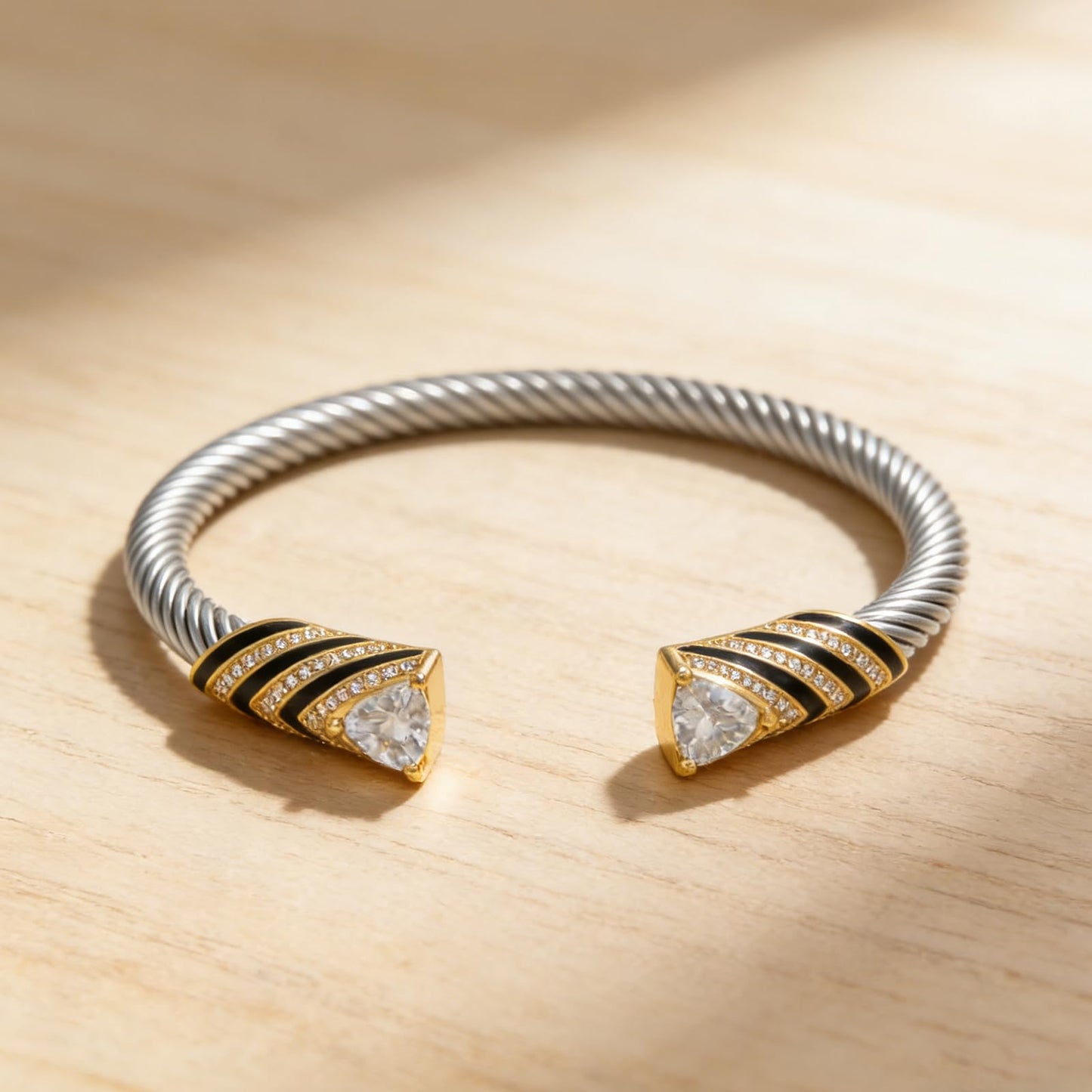 Stainless Steel Twisted Cable Wire Bangle, Crystal Inlaid Open Cuff Bangle Bracelets for Women, Stackable Elegant Jewelry Gift