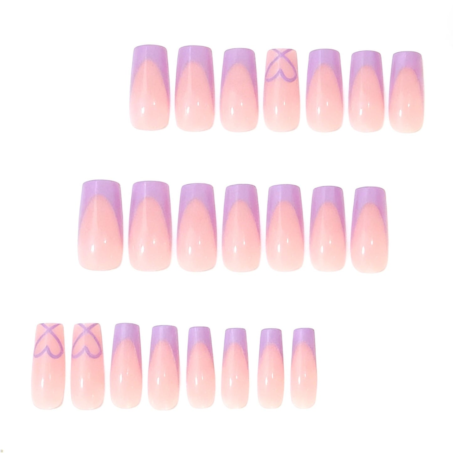 Coffin Press on Nails Medium - Purple French Tip Fake Nails with Heart Design - Glossy Full Cover Stick on False Nails - for Women 24 Pcs
