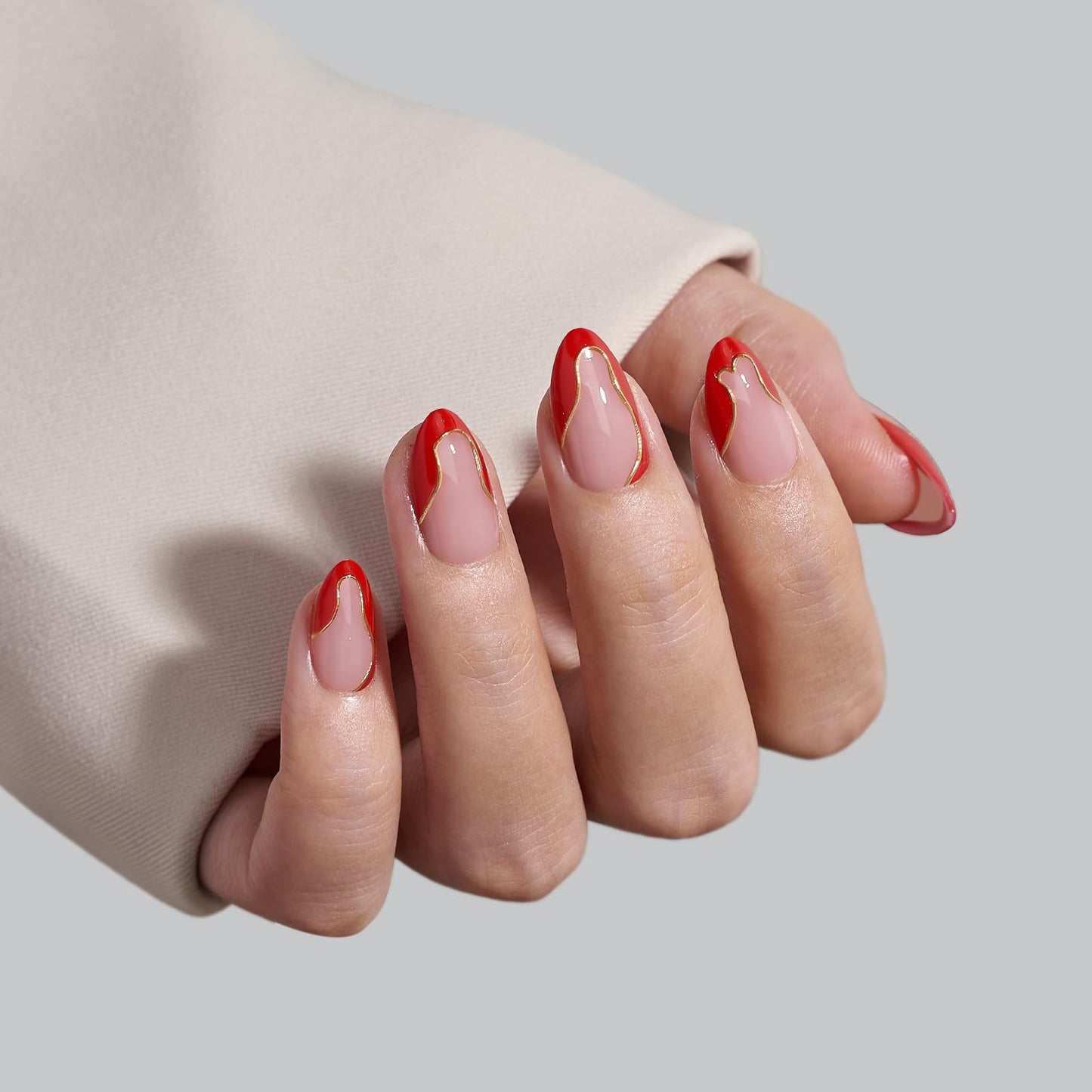 BTArtbox French Tip Press On Nails - Short Almond Red Press On Nails with Glue and Adhesive Tabs for Women in 16 Sizes - 32 Soft Gel Glue On Nails Kit, Wildfire Waves