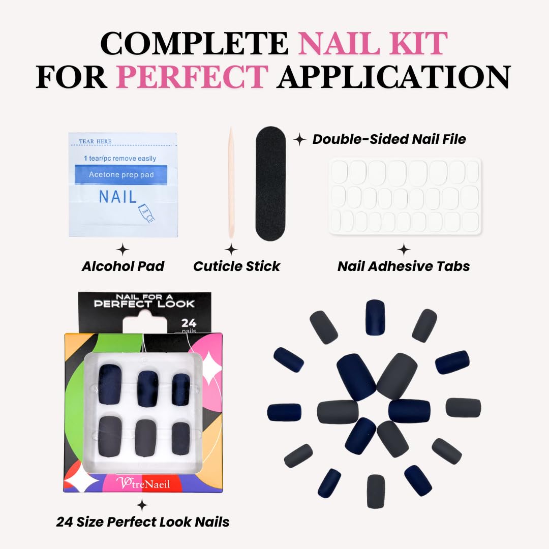 PerfectLook Press On Nails - Midnight Matte | No Glue One-Day Medium Square Nails, Matte Dark Grey & Navy Blue Fake Nails - 24 Pcs Nail Kit with Adhesive Tabs