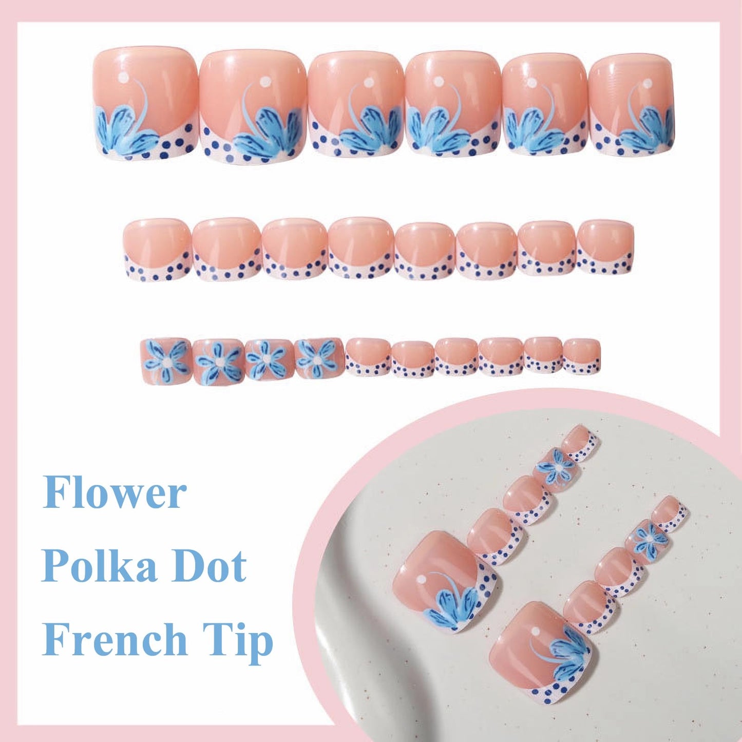 MISUD Toe Press on Nails - Fake Toenails with Blue Flower Polka Dot, Acrylic Toenail White French Tip Design 24 pcs