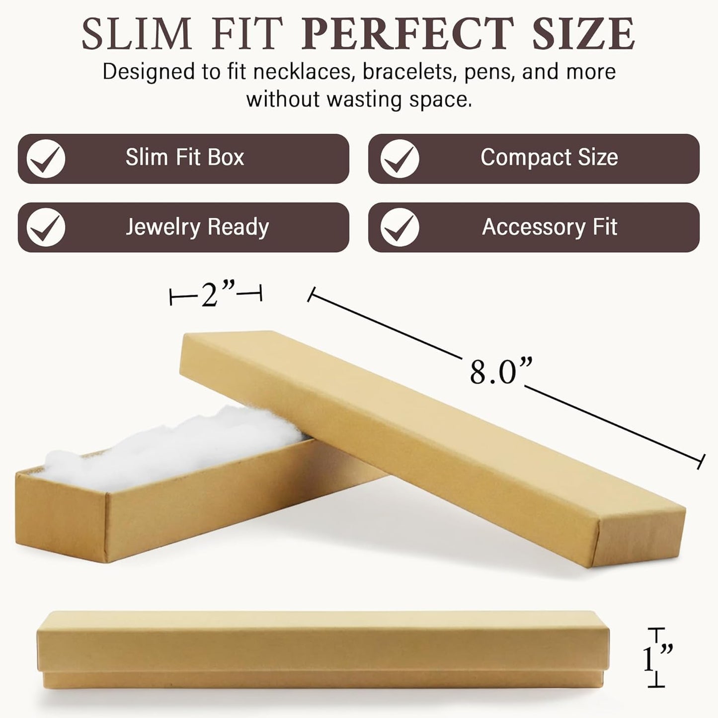RJ Displays 10 Pack Bracelet Jewelry Boxes, Brown Kraft Cotton Filled Gift Box with Lid – Small Jewelry Gift Box for Necklace, Watch, Bracelet Display Packaging Boxes – 8" x 2" x 1" Inch