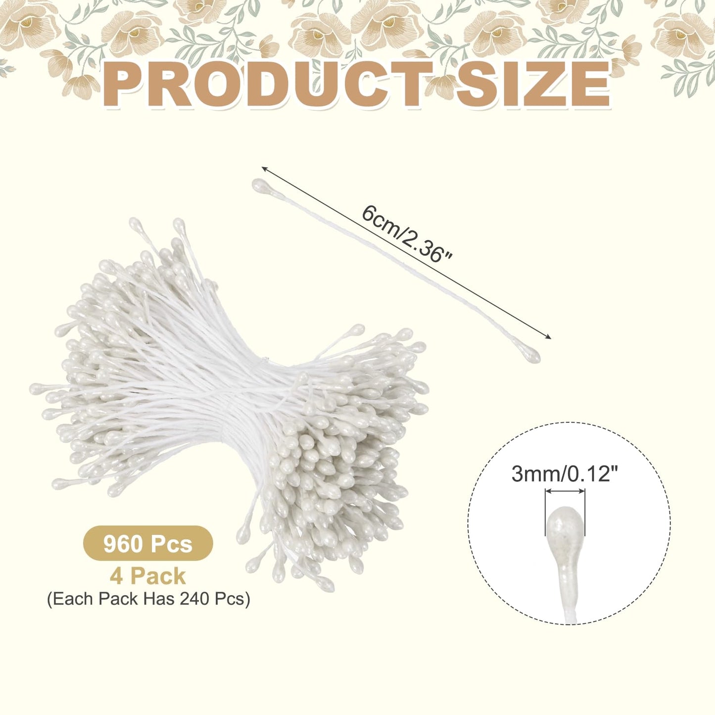 MECCANIXITY 3mm Double Head Flower Stamen 960 Pcs Bright Artificial Floral Stamens Pistil for Christmas Wedding Flowers Making Scrapbook Decoration DIY Crafts, White