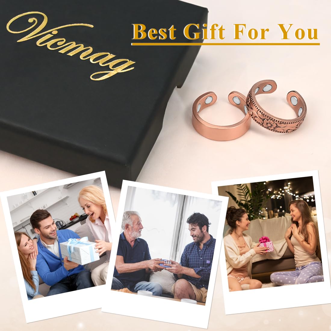 Vicmag Copper Magnetic Rings for Women 99.9% Copper Finger Ring Ultra Strength Magnet Gift Adjustable