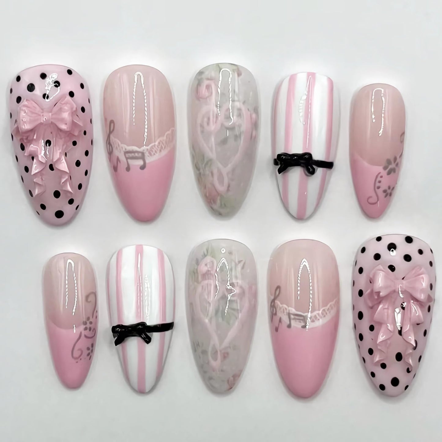 BABALAL Press On Nails, Medium Almond Fake Nails, Pink French Tip, Cat Eye Bling, Polka Dot & Bow Charm, Flower Kawaii Glue On Nails 24Pcs Reusable