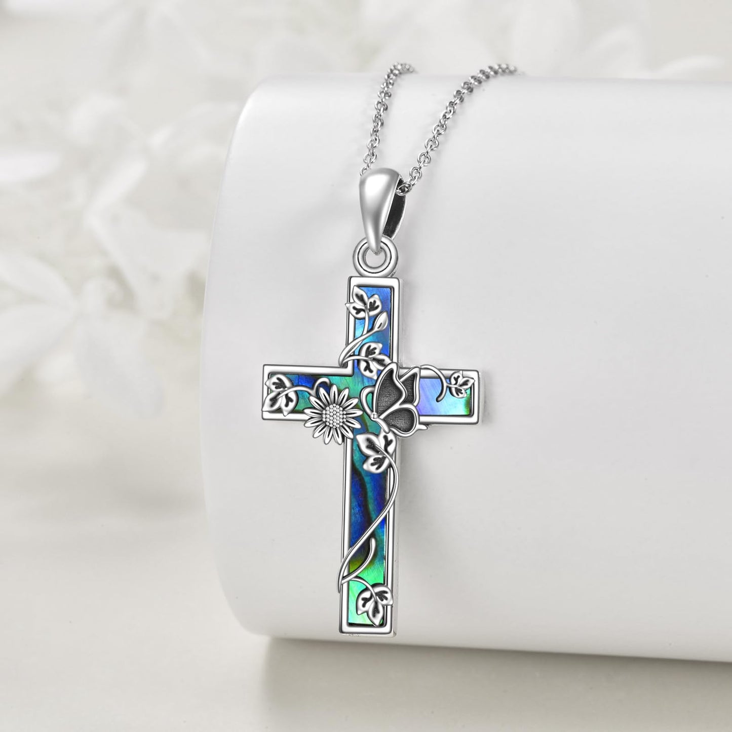 YFN Sunflower Cross Sterling Silver Butterfly Cross Pendant Abalone Shell Women's Christian Baptism Gift Necklace