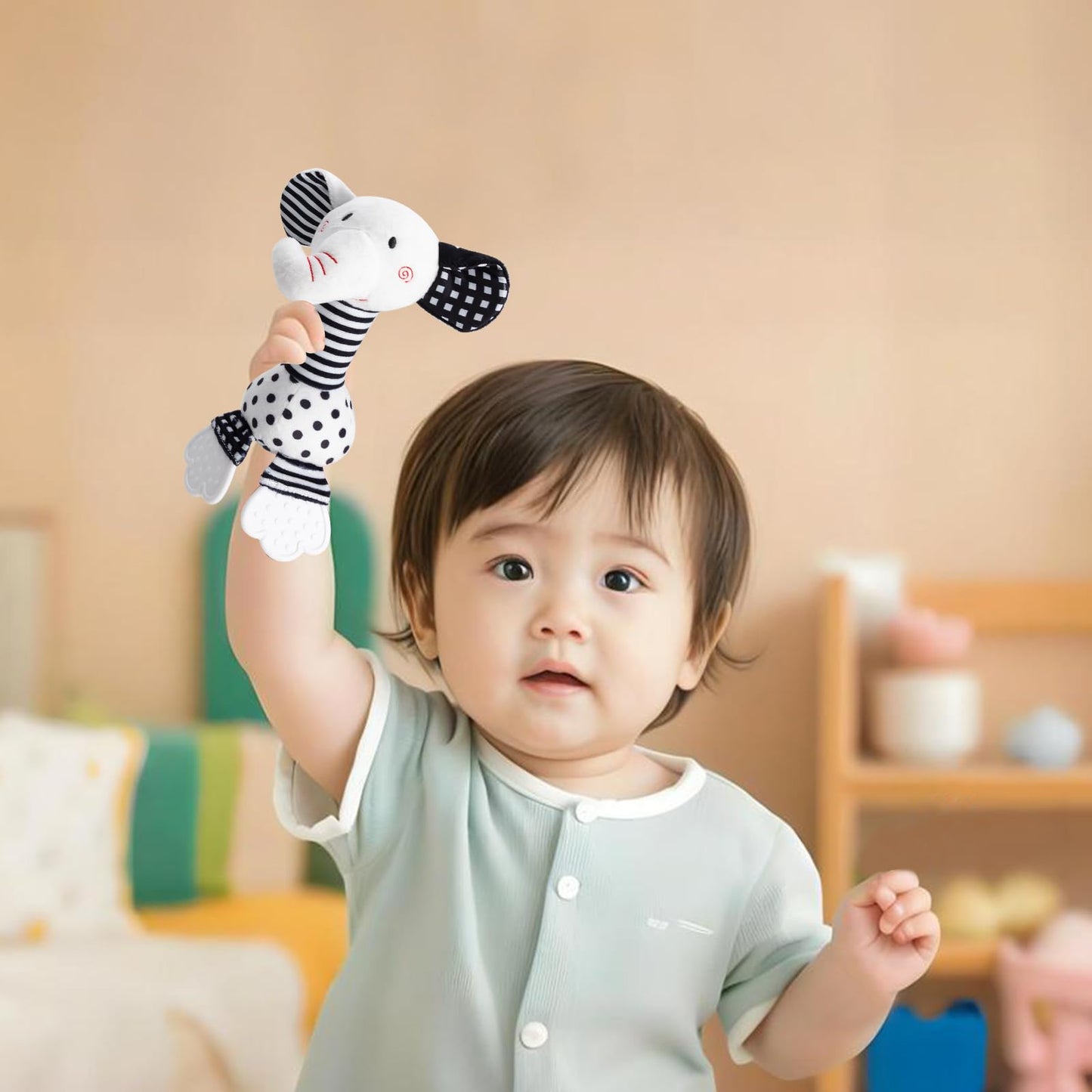 JINBOBUBU Black & White Elephant Baby Toys 0-12 Months - Plush Sensory Rattle with Teether, Wind Chime, BB Squeaker & Embroidery for Visual, Hearing & Cognitive Development