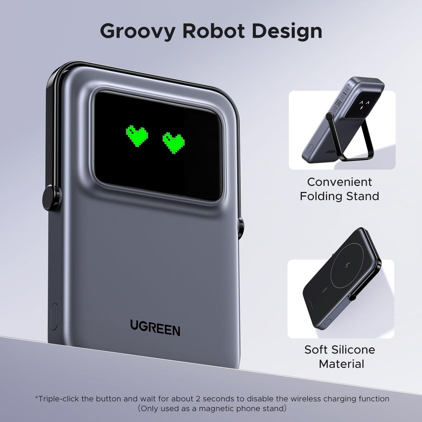 UGREEN Uno Magnetic Power Bank, Wireless Portable Charger, 20W Fast Charging Battery Pack with Foldable Stand and TFT Display 5000mAh for iPhone 17/17 Air/17 Pro/17 Pro Max/16/15/14/13 Series, Black