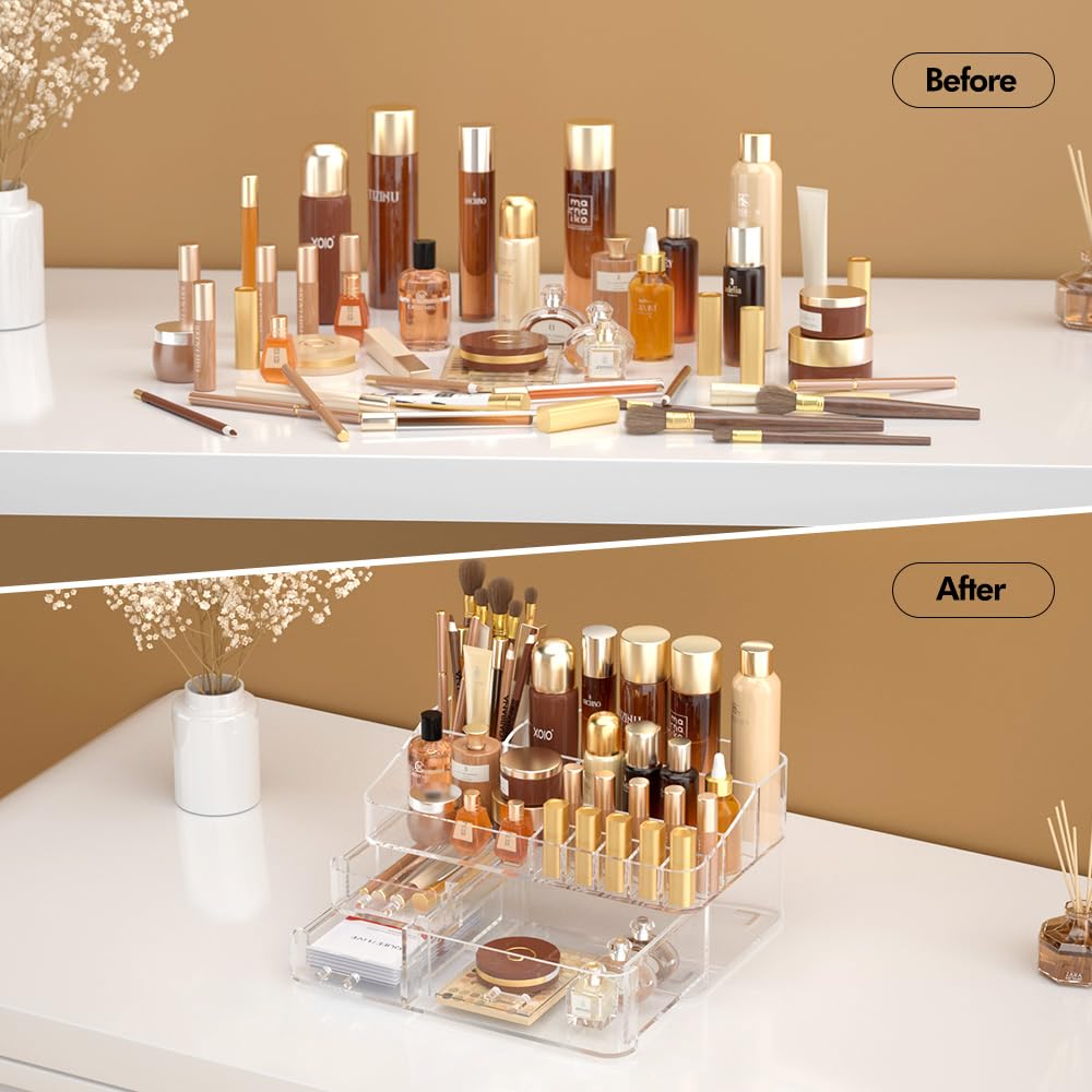 DALEMKY Makeup Organizer for Vanity, Acrylic Large Desk Organizer with Drawers, Ideal Vanity Holder for Cosmetics, Lipsticks, Nail Polish, Skincare, Countertop, Bathroom, Dresser