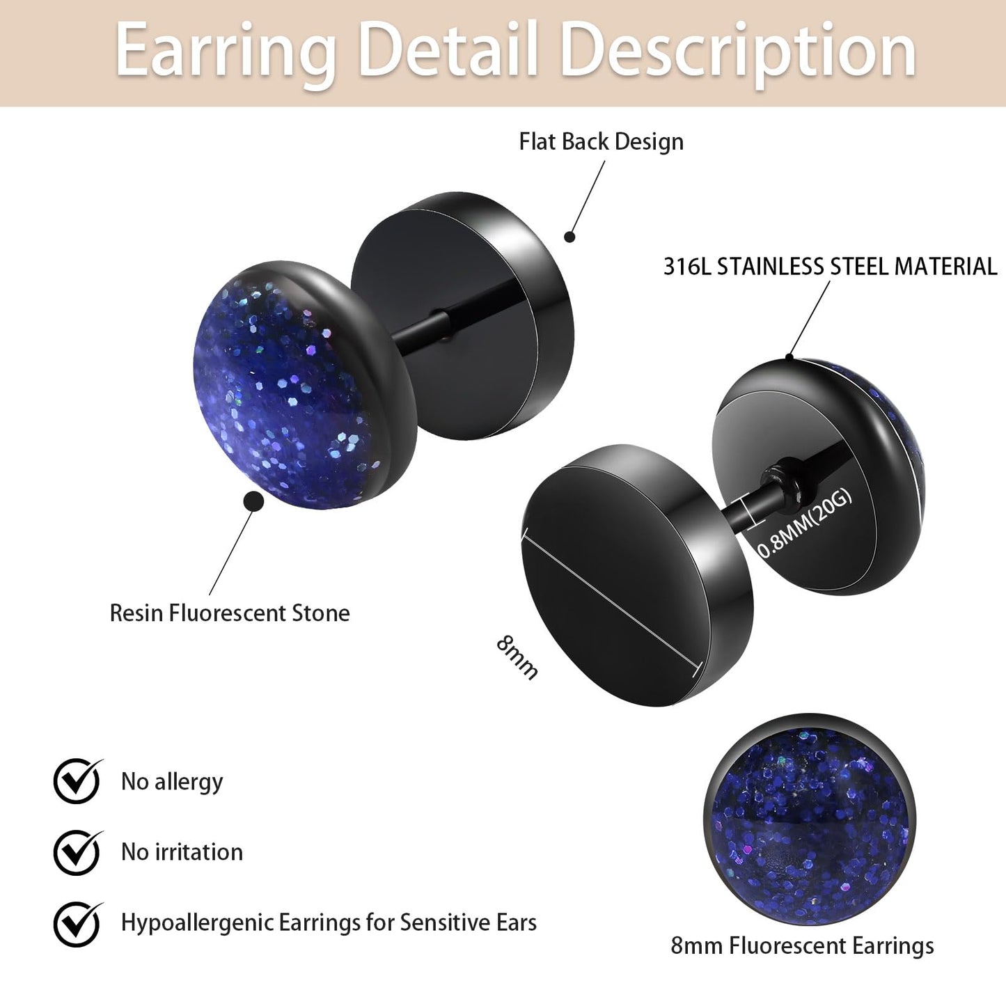 Surgical Stainless Steel Stud Earrings for Women Men Black Gold Plated Fluorescent Flat Back Hypoallergenic Earrings Suitable for Sensitive Ears