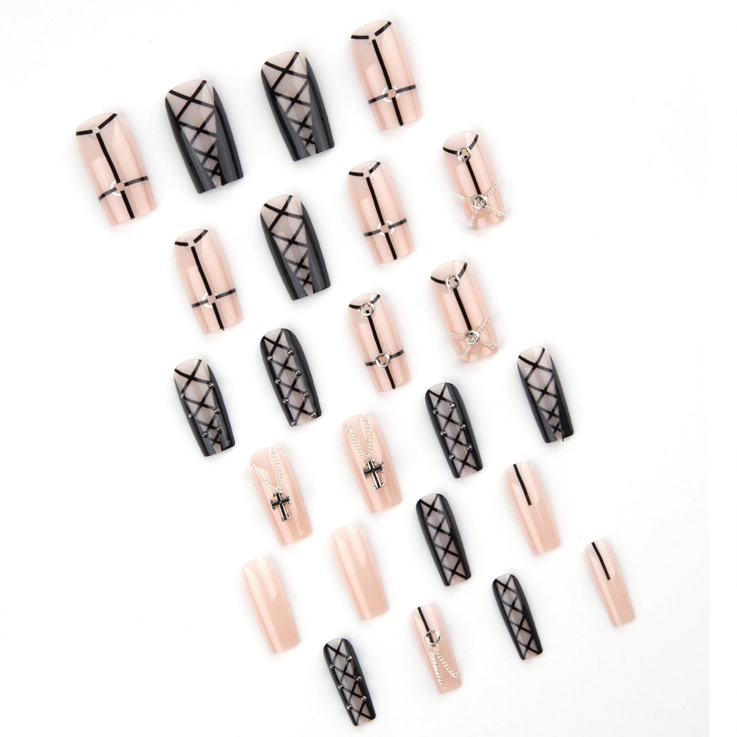 IMSOHOT Press on Nails Square Medium Fake Nails Black Nude Glossy Glue on Nails Full Cover Cute Leather Belt Stick on False Nails with Designs