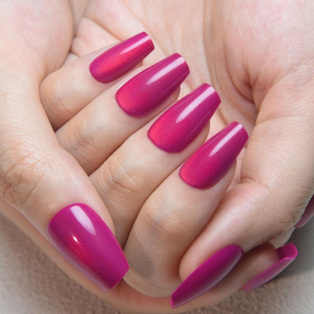 evpct Purple Red Cat Eye Coffin Press on Nails Square Medium, Medium Square Stick on Nail for Women, Purple Red Metallic Glitter Glossy Reusable Summer Soft Gel Press on Acrylic Fake Nail with Designs