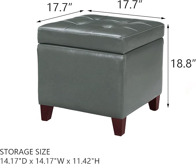 Adeco Bonded Leather Square Tufted Cubic Cube Footstool, 18" Height Storage Ottomans, with Lid, Cement Grey